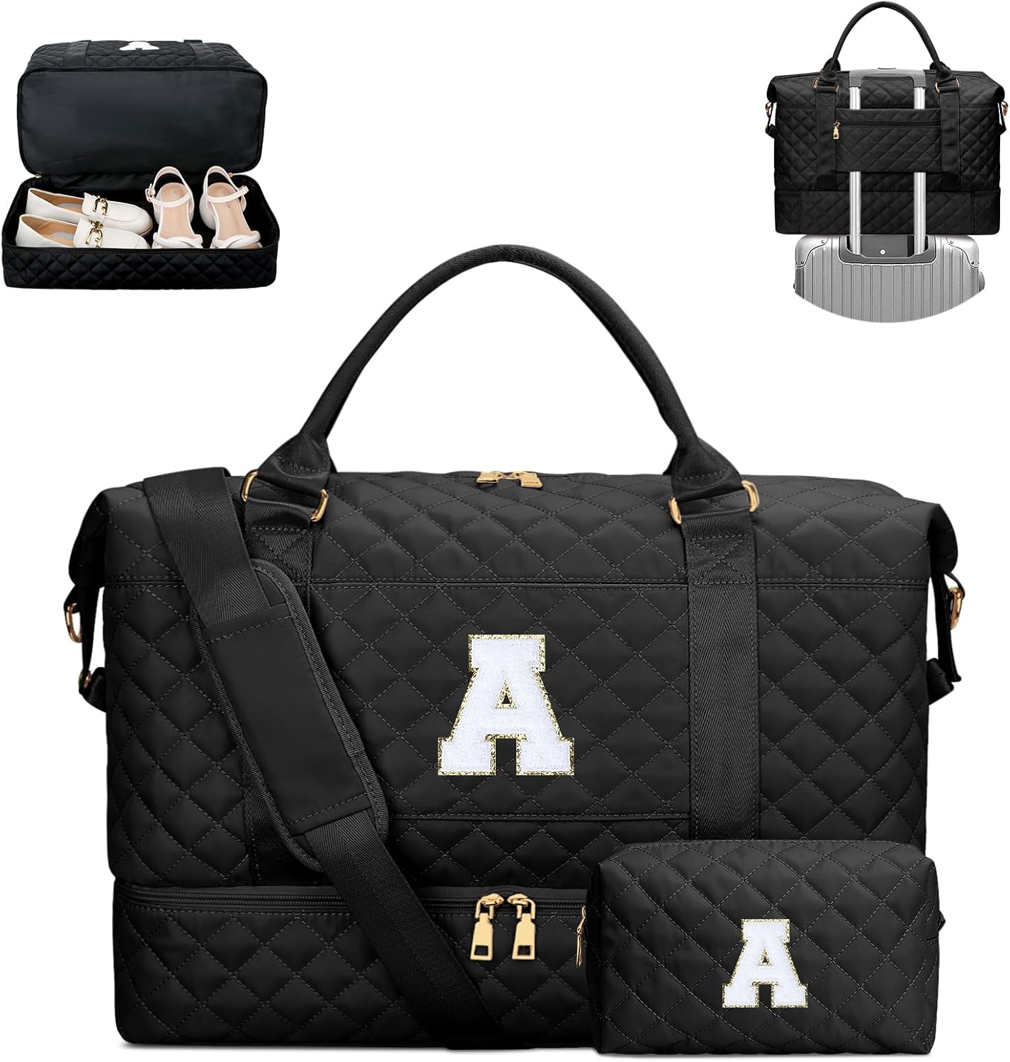 Gifts for Women Girls Initial Travel Duffle Bag Quilted Weekender Carry-On Overnight with Cosmetic Bag, Gym Bag with Shoe Compartment, Black A