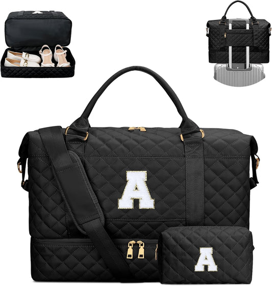 Gifts for Women Girls Initial Travel Duffle Bag Quilted Weekender Carry-On Overnight with Cosmetic Bag, Gym Bag with Shoe Compartment, Black A
