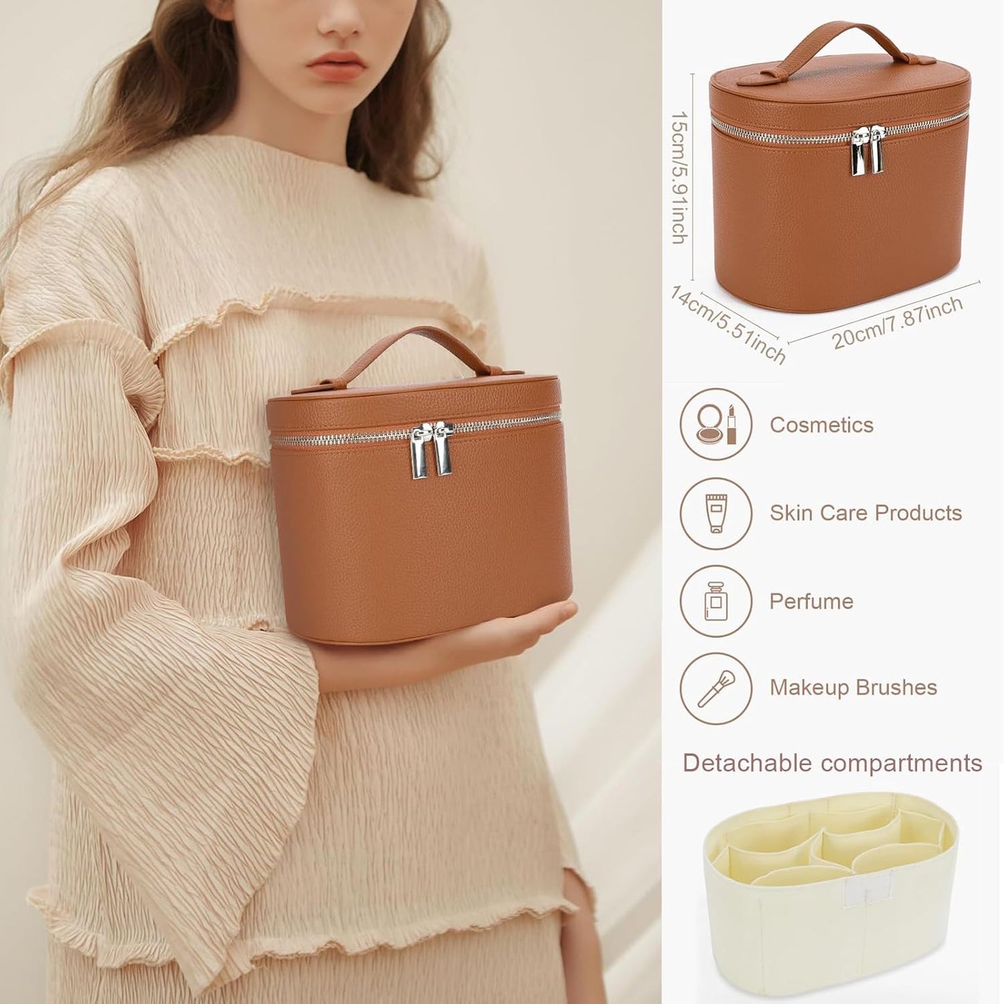 Leather Make Up Bags With Compartments, Brown travel Cosmetic Bags for Women, Parallel Makeup Travel Bags Organizer Equipped With a Detachable Divider (yellow)