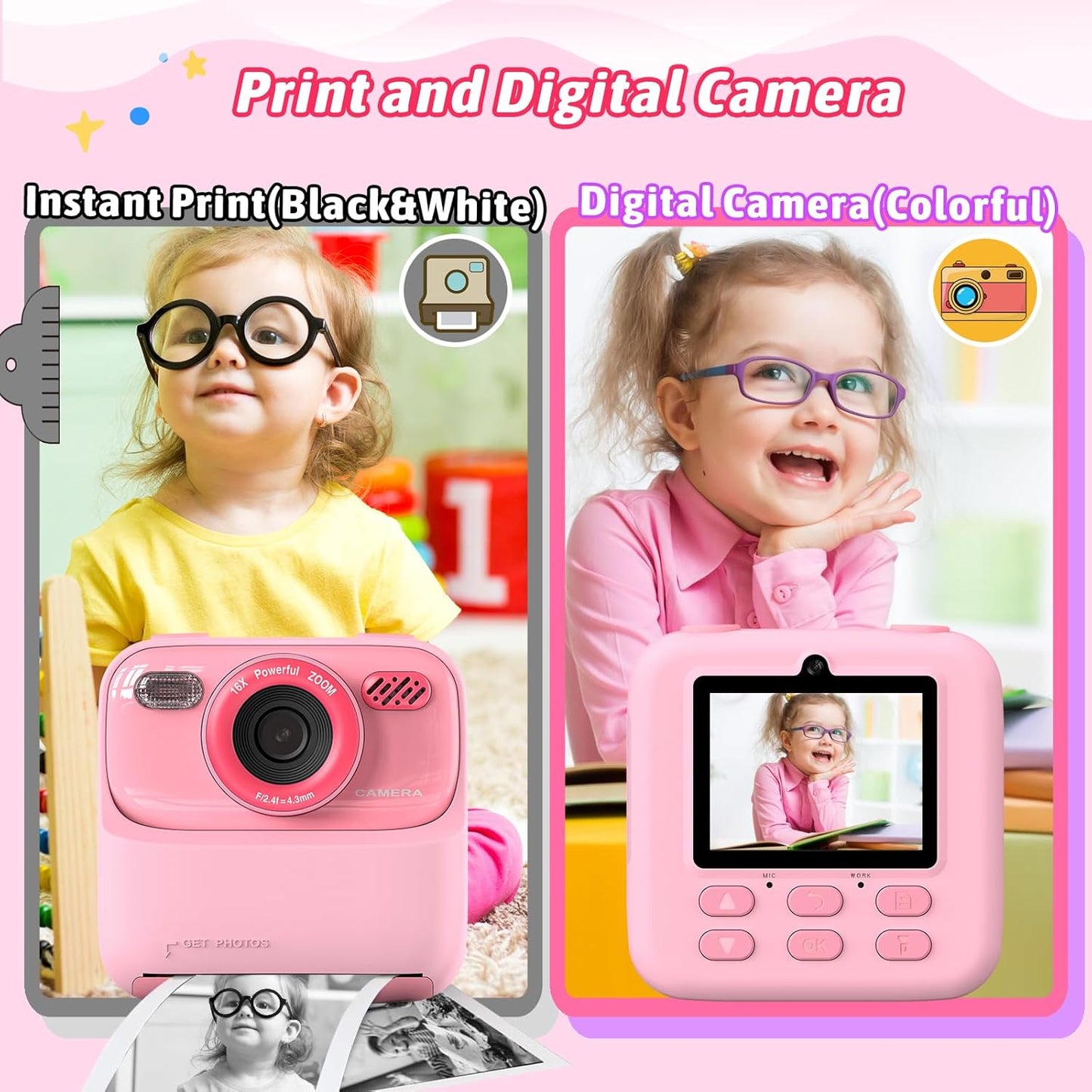 Kids Instant Digital Cameras for Boys and Girls, 1080P HD Dual-Lens Selfie Digital Camera with Print Paper & 32G Card, Christmas Birthday Gifts Toys for Toddler and Teenagers Age 3-16 Years Old