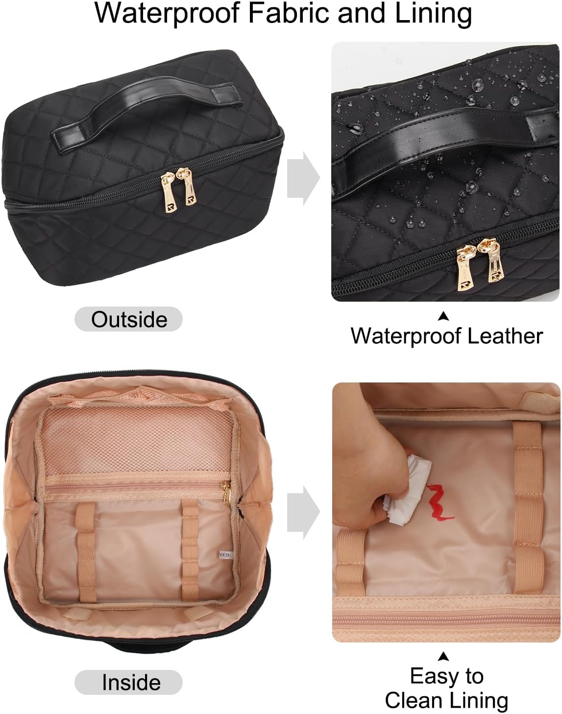 Relavel Travel Makeup Bag, Large Capacity Cosmetic Bag for Women, Waterproof Portable Makeup Pouch with Separate Makeup Brush Board, Wide Open Flat Toiletry Bag - Black