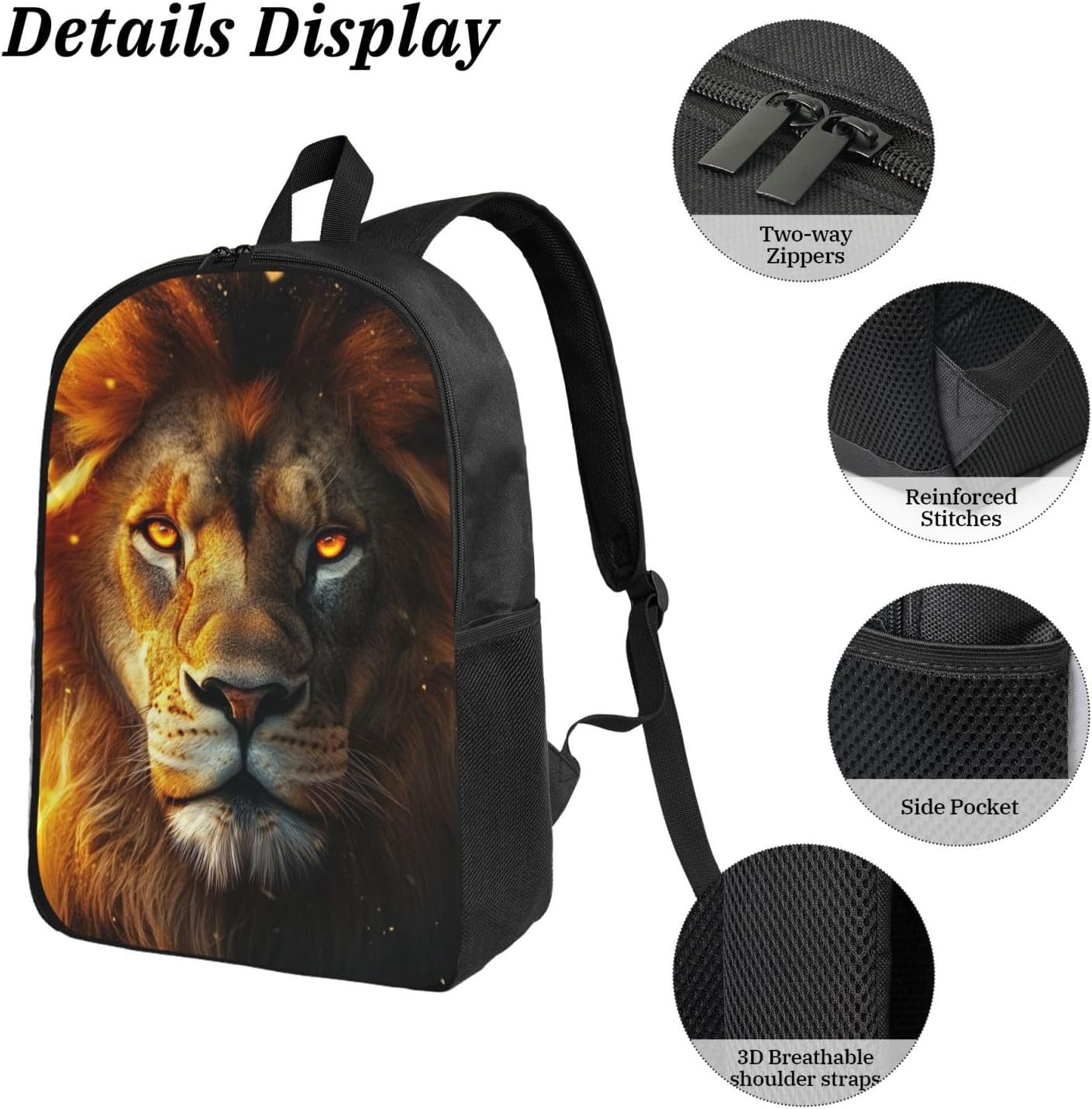 Lion Kid Backpack Set with Lunch Bag & Pencil Case Large Capacity School Bag 17 Inch Bookbag for Boy Girl
