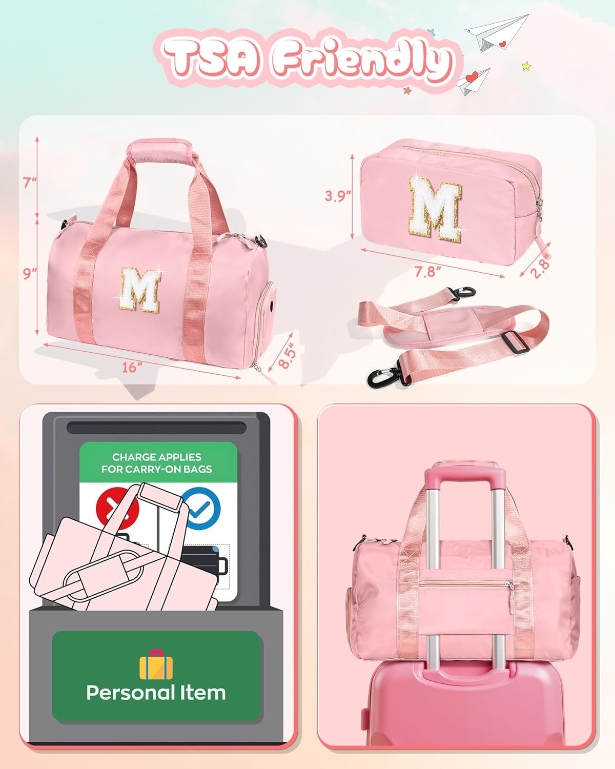 Kids Gift Ideas -Girl Gym Bag with Shoe Compartment, Kid Personalized Weekender Overnight Bags, Initial Travel Tote with Makeup Pouch, Gift for 3 Year Old Girl (Letter P)