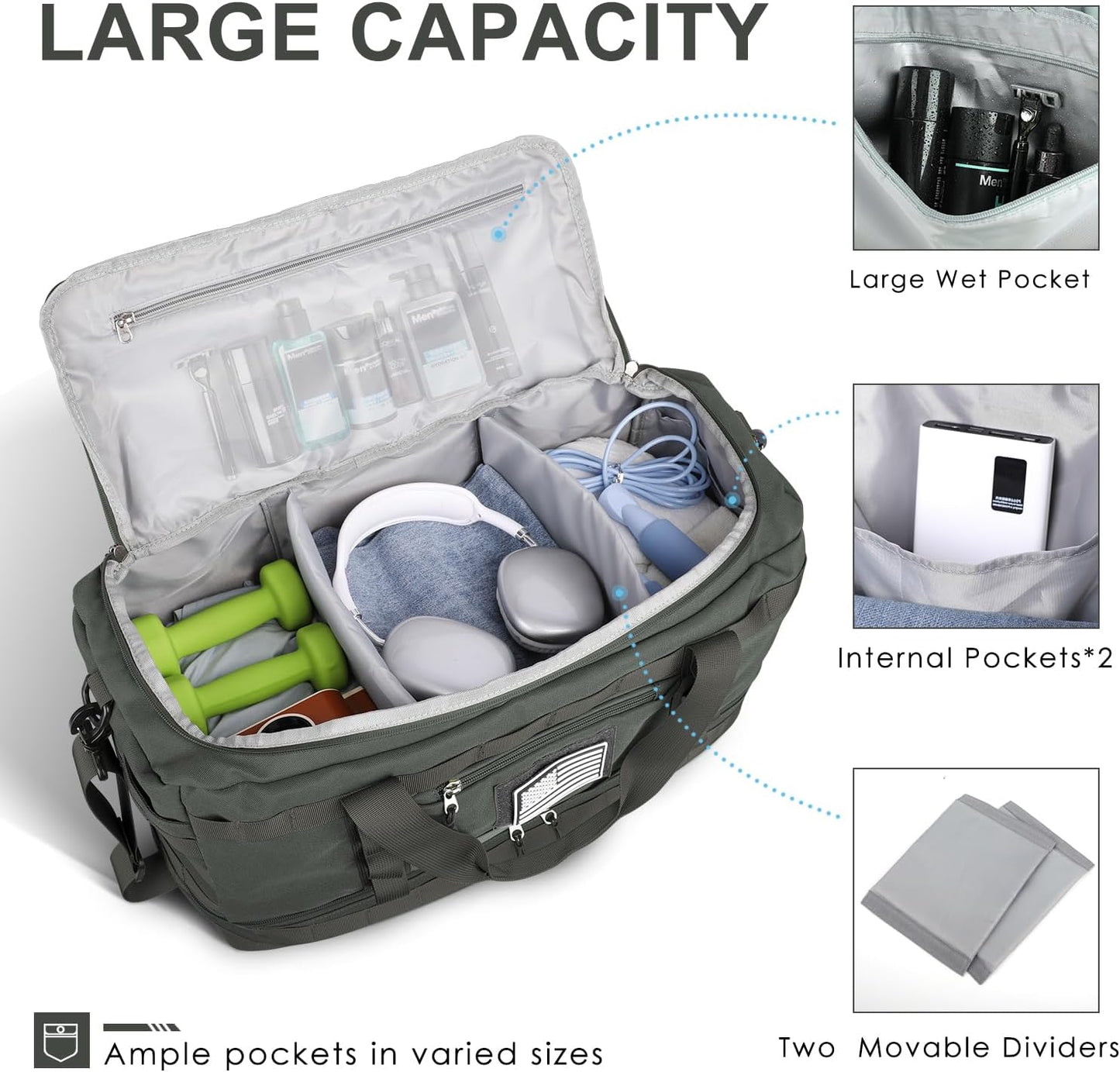 ETRONIK Travel Bag for Men Women, Gym Bag & Tactical Duffle Bags for Travel, Carry on with Toiletry Bag and Shoe Compartment, Weekender Overnight Trip with Wet Pocket for Workout Medical, Gray