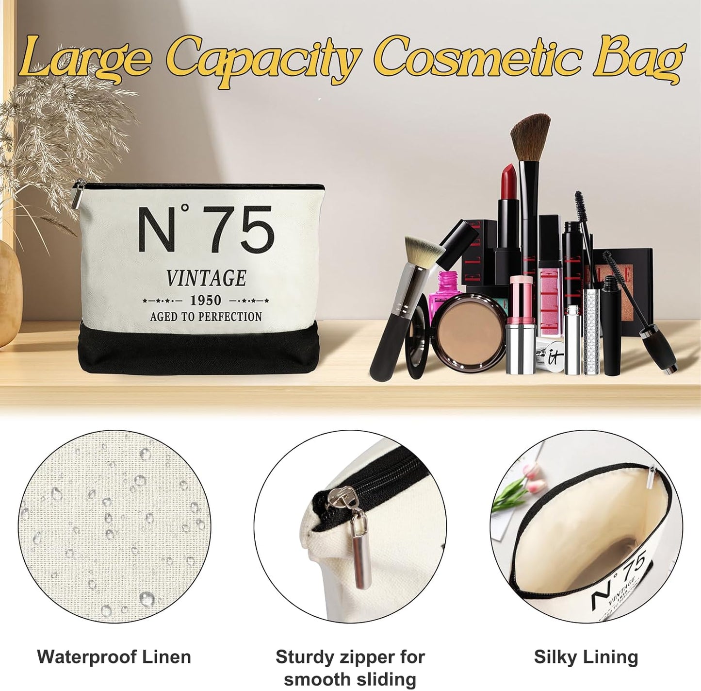 75th Birthday Gifts for Women Canvas Tote Bag Travel Gear,Unique 75 Years Old Gifts for Wife Mom Sister Aunt Friends Her, Vintage N°75 Handbag & Cosmetic Bag & Back in 1950 Poster