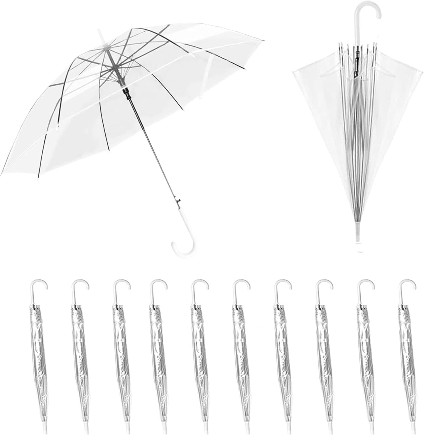 12 Pack Clear Wedding Umbrellas Bulk Transparent Auto Open Close Windproof Waterproof Stick Umbrellas with White J-Hook Handle for Brides, Grooms, Photography & Outdoor Events