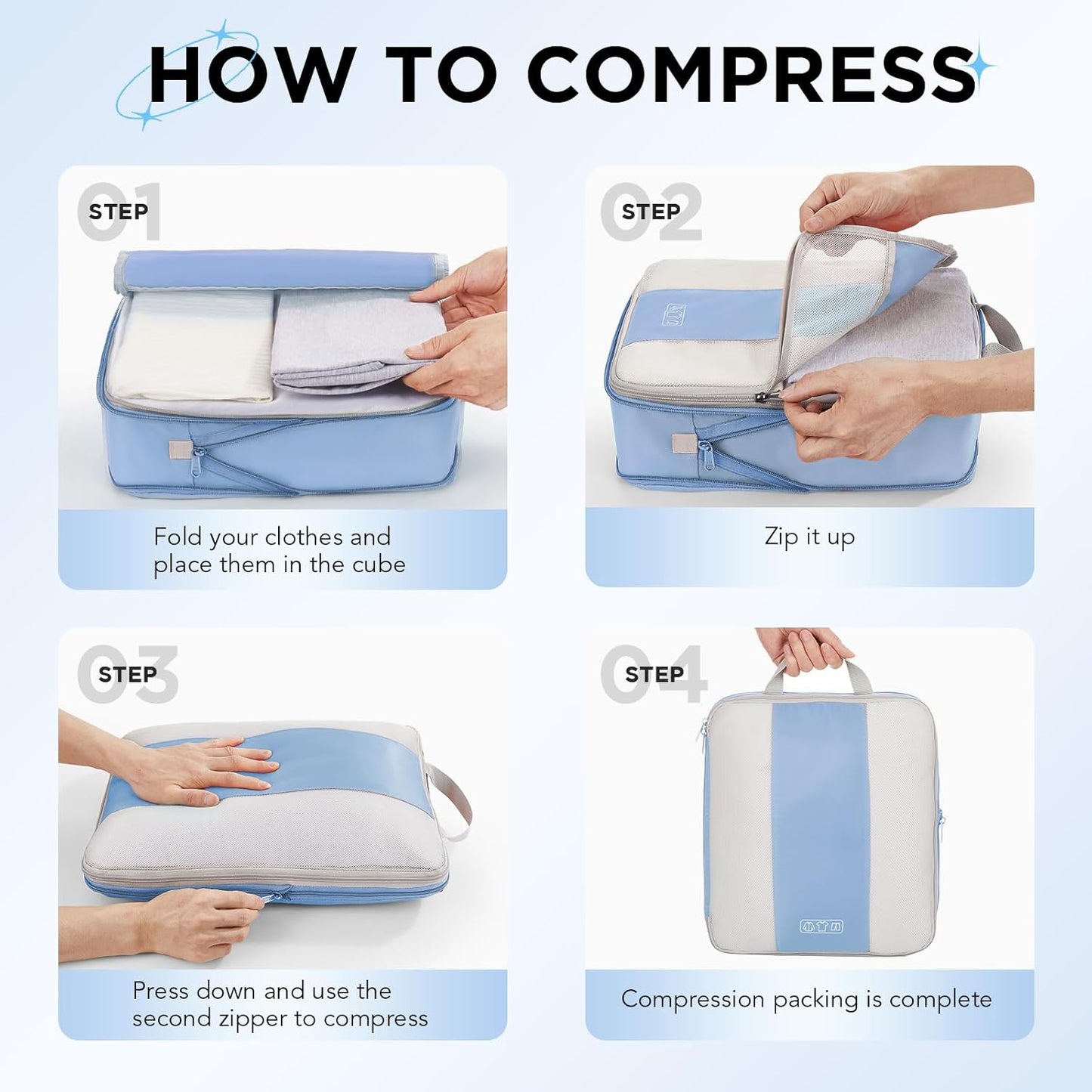 10 Set Compression Packing Cubes for Travel Essentials,Compressible Expandable Packing Cubes for Suitcase,OlarHike Luggage Organizer Bags for Travel,Handy Helper for Organizing Clothes(Light Blue)