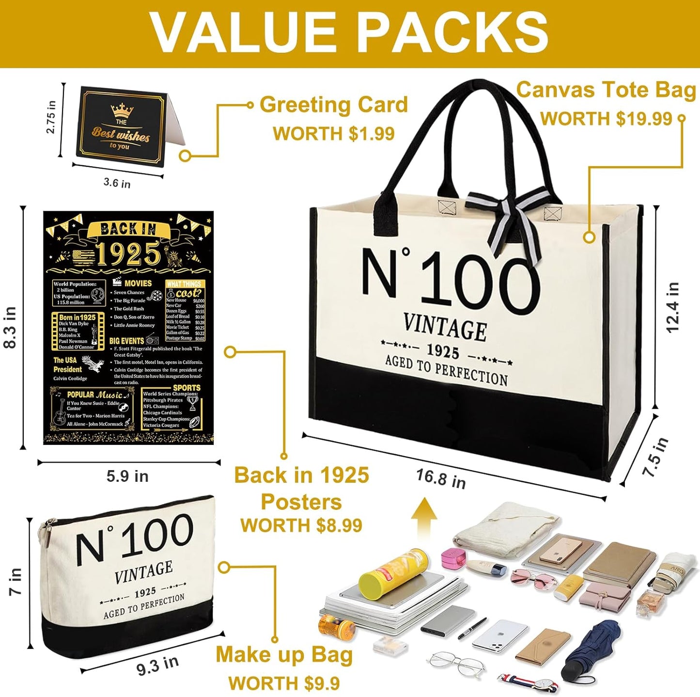 100th Birthday Gifts for Women Canvas Tote Bag Travel Gear,Unique 100 Years Old Gifts for Wife Mom Sister Aunt Friends Her, Vintage N°100 Handbag & Cosmetic Bag & Back in 1925 Poster