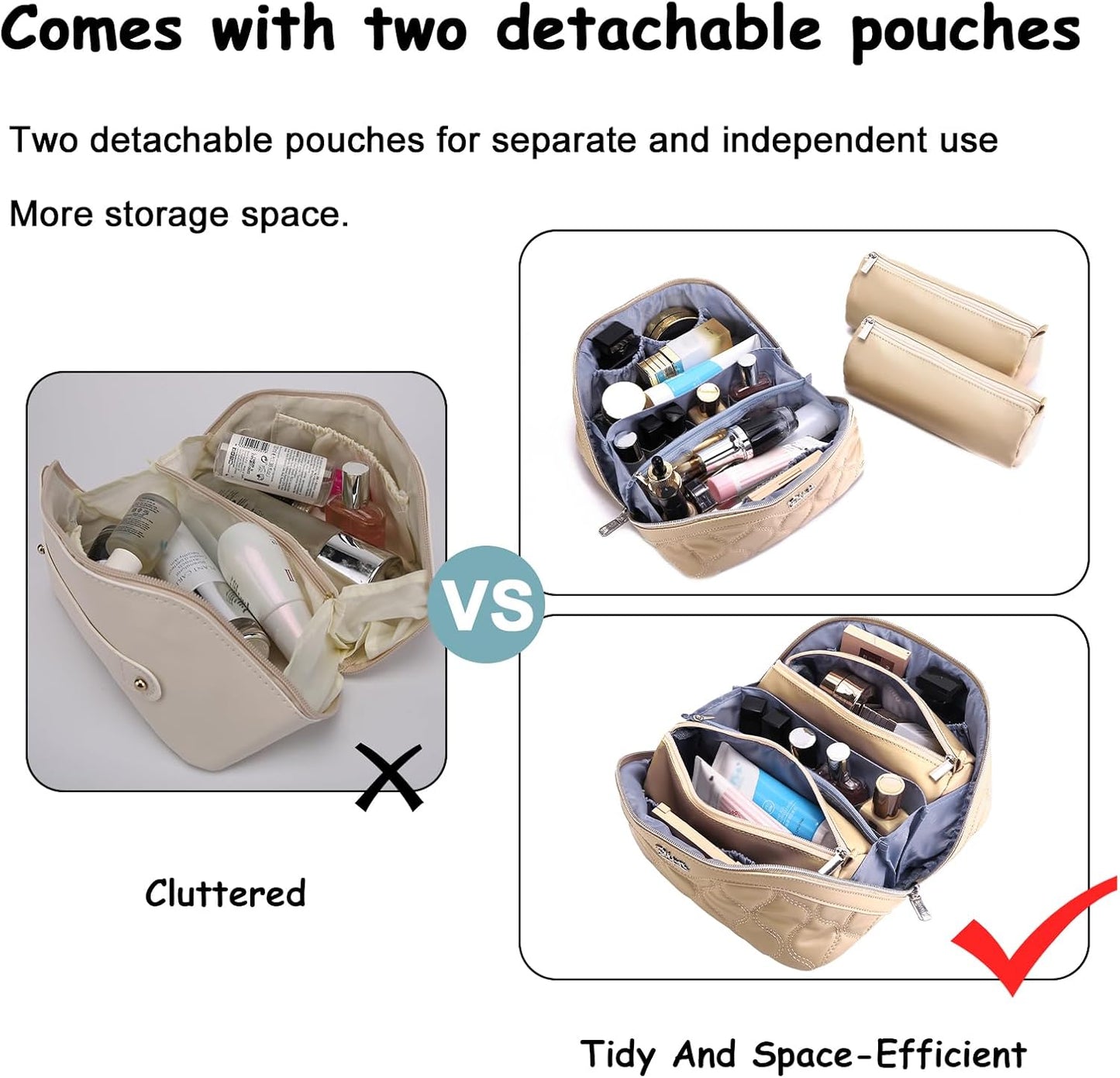 BOYATU Travel Makeup Bags for Women Cosmetic Bag: Puffy Make up Bags Set of 3 - Vegan Leather Makeup Organizer - Waterproof Large Toiletry Bag with Compartments - Travel Essentials (H-2-Khaki)