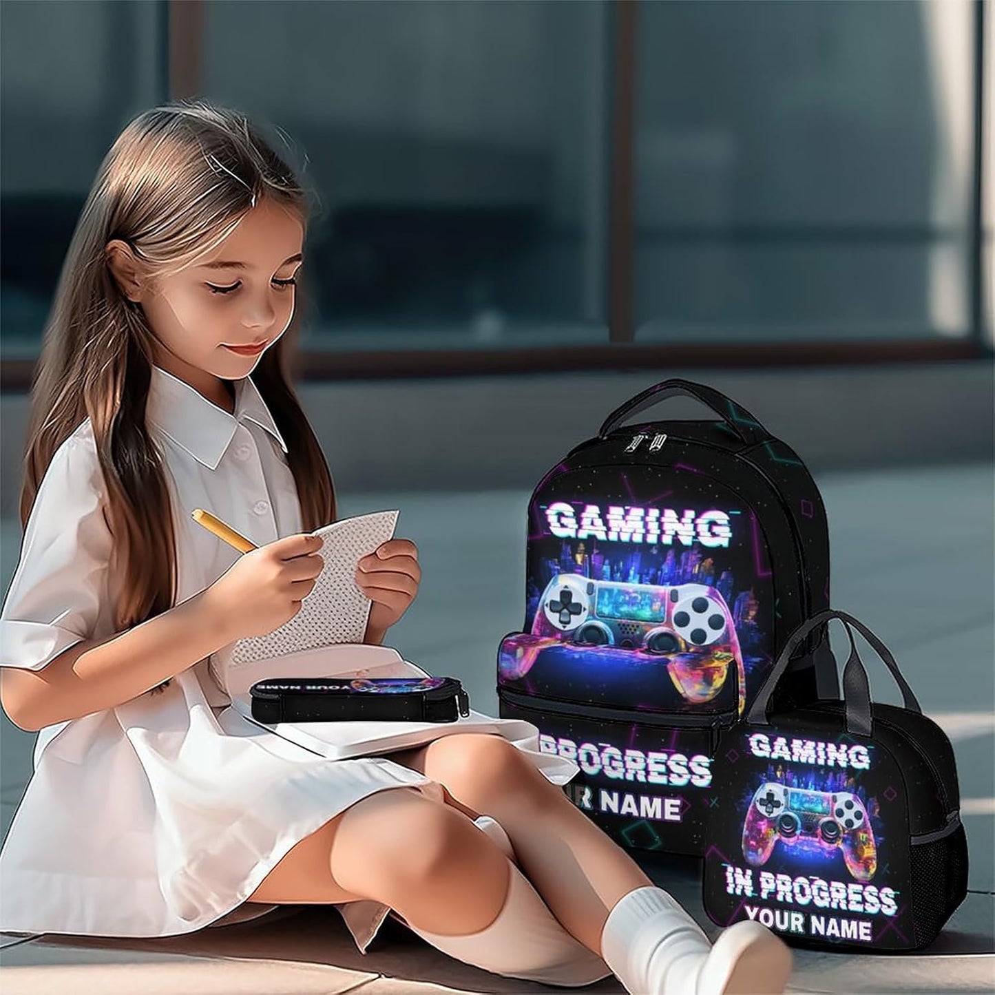 COZYAURA Personalized Backpacks for Boys - 3Pcs Video Gaming Bookbag for Kids - Gamer School Bag for Boys - Kids Backpacks with Lunch Box Pencil Case Set