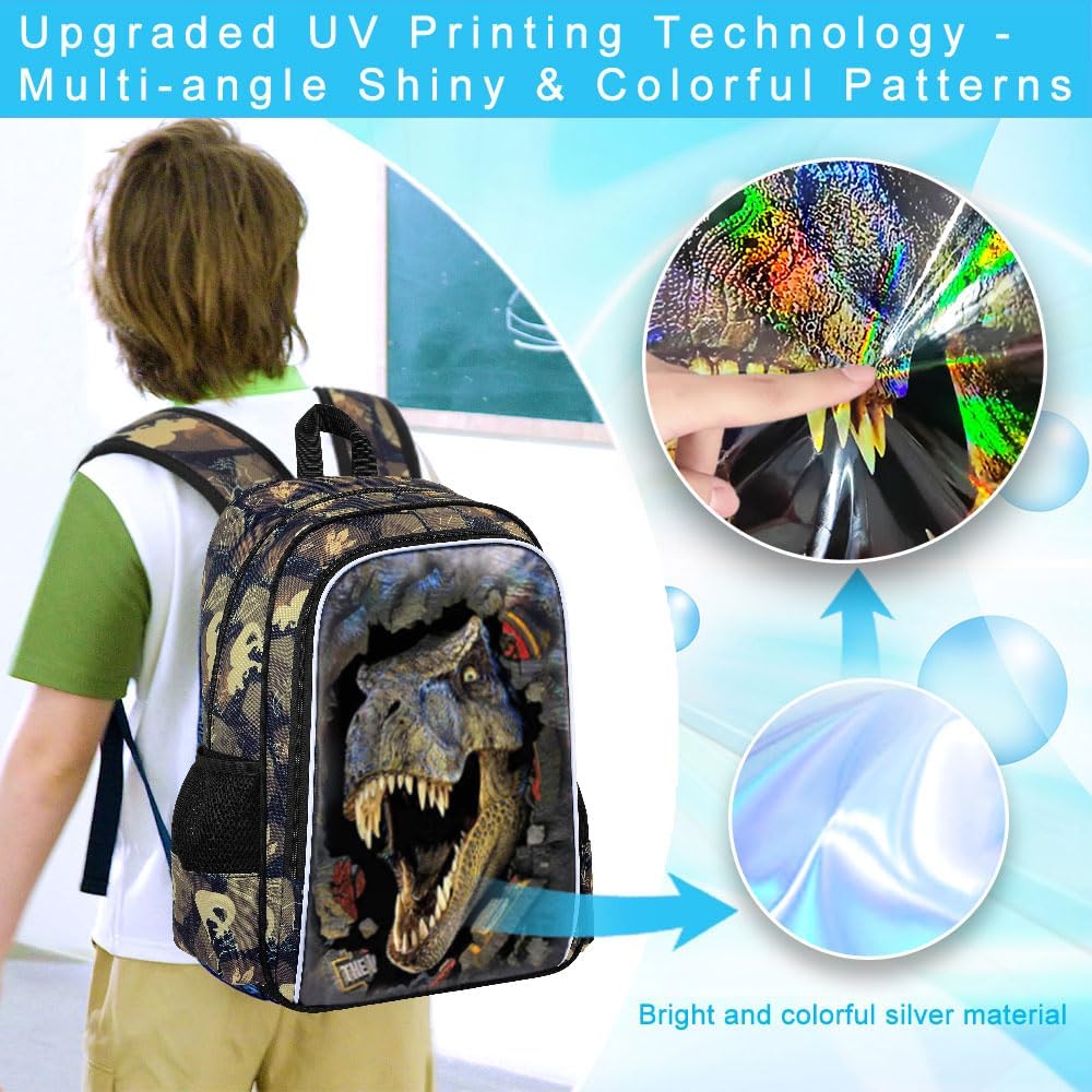 16" Dinosaur Backpack for Boy, 3Pcs Kids School Bookbag for Elementary Preschool Kindergarten, School Backpacks with Lunch Box(Black)