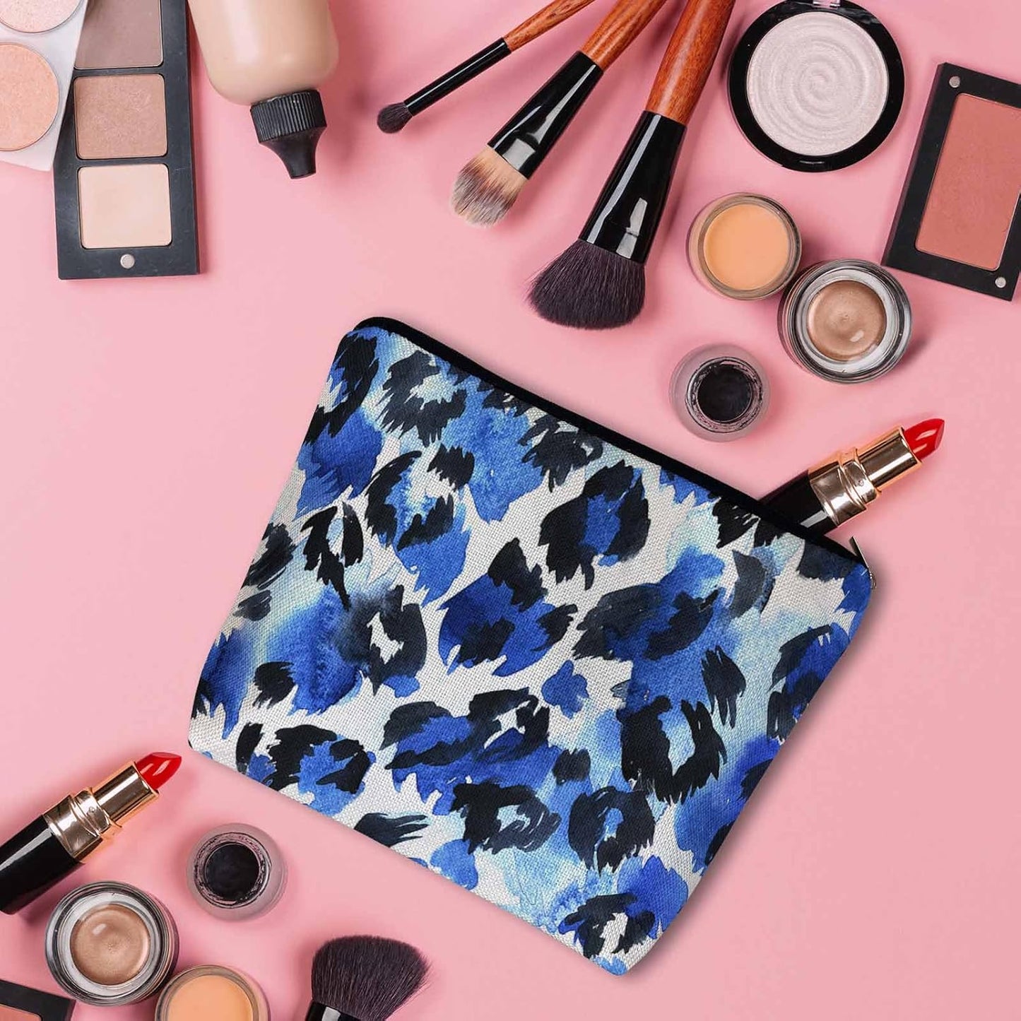 Leopard Print Makeup Bag For Women, Leopard Skin Adorable Cosmetic Bag Makeup Bags, Leopard Fur Zipper Bag Travel Bags Toiletry Organizers Pouch Bags Washing Bags For Gym Bathroom Blue Black