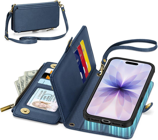 TUCCH Crossbody Detachable Wallet Case for iPhone 17 (6.3") 2025, 9 Card Holders RFID Blocking, Wireless Charging, Stand, Wrist Strap, Lanyard, Zipper Pocket, PU Leather Shockproof Cover, Dark Blue