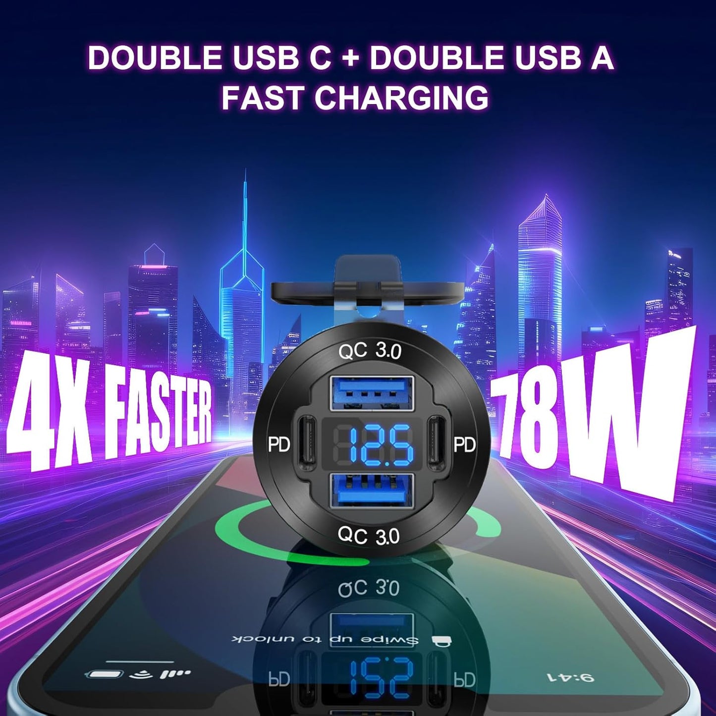 2 Pack 4 Port 12V USB Outlet Aluminum Charger, 78W Dual PD & QC Multiple USB Port for Car, USB C Cigarette Lighter Replacement 12 Volt Socket with Voltmeter Waterproof for Marine Boat Motorcycle RV