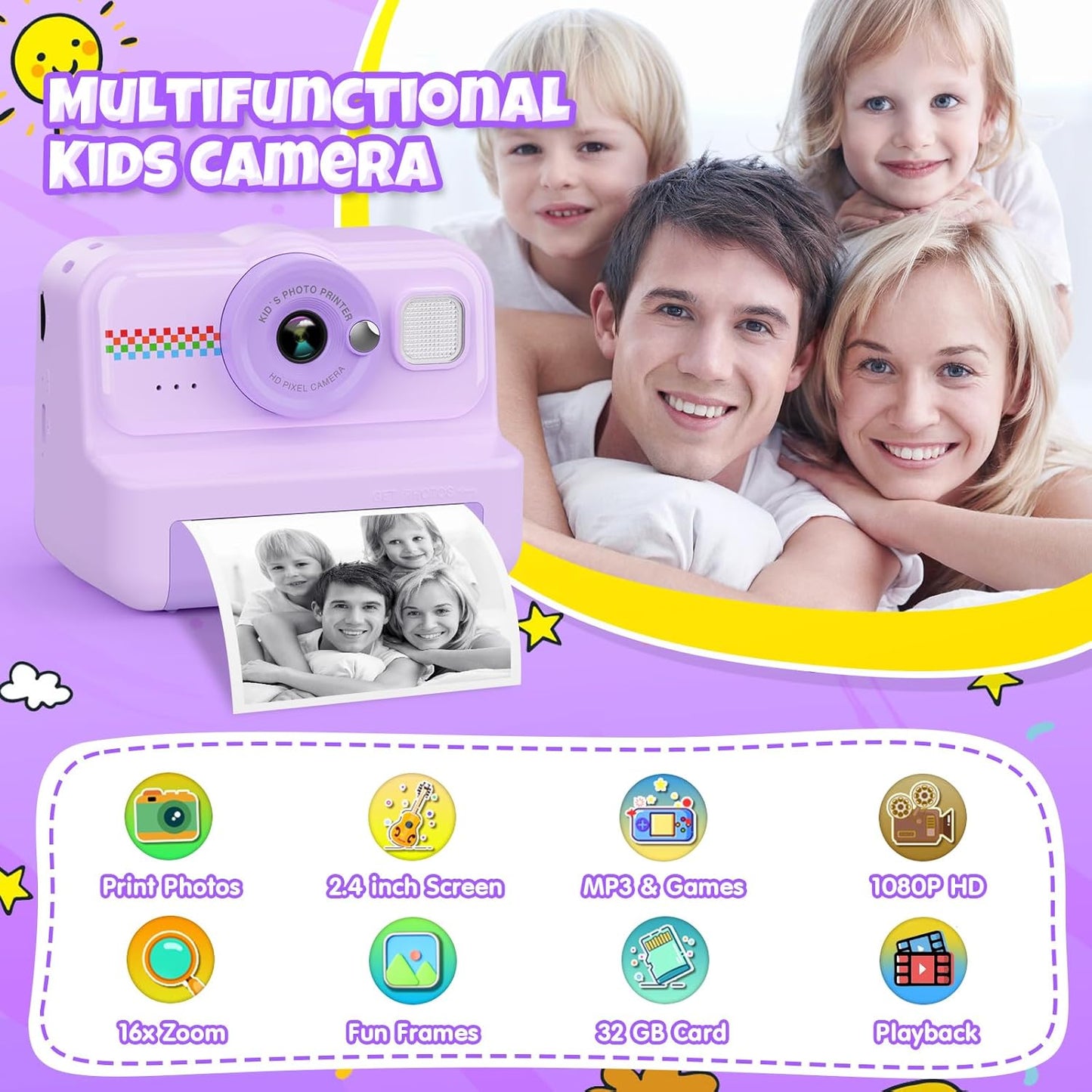 Kids Instant Print Camera, 1080P HD with 3 Rolls Print Paper & 32GB Card, Ideal Kids Toys Gift for Boys & Girls Age 3-14 (Purple)