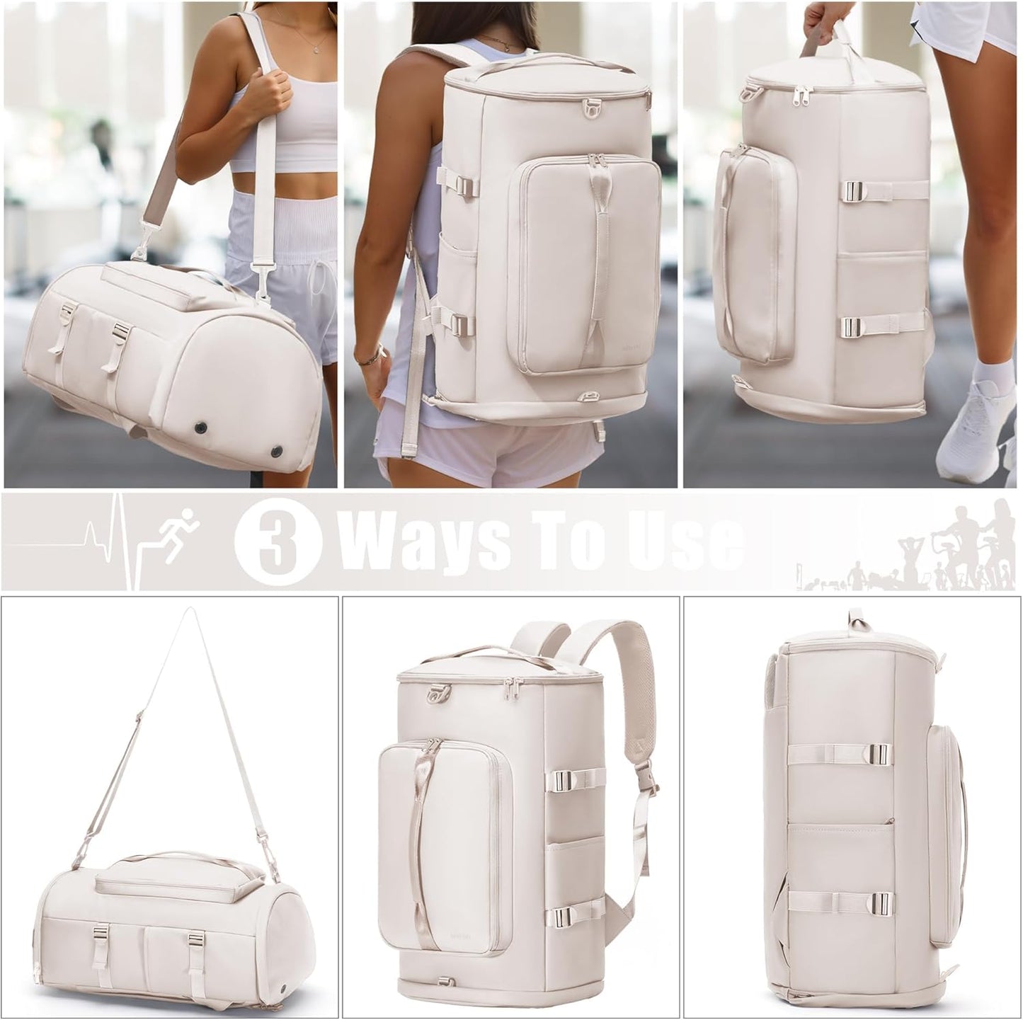 Gym Bag with Shoes Compartment and Wet Pocket - Sports Duffle for Men and Women, Travel Backpack Weekender Overnight Bag Beige - MIYCOO