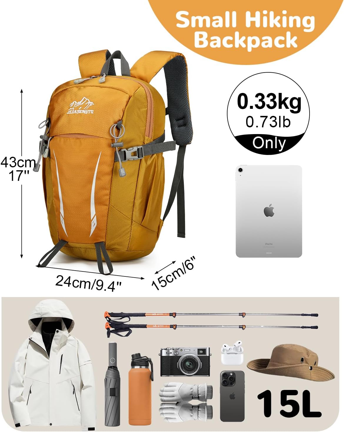 15L Small Padded Hiking Backpack with Chest Strap for Men Women, Lightweight Waterproof Daypack for Travel, Yellow