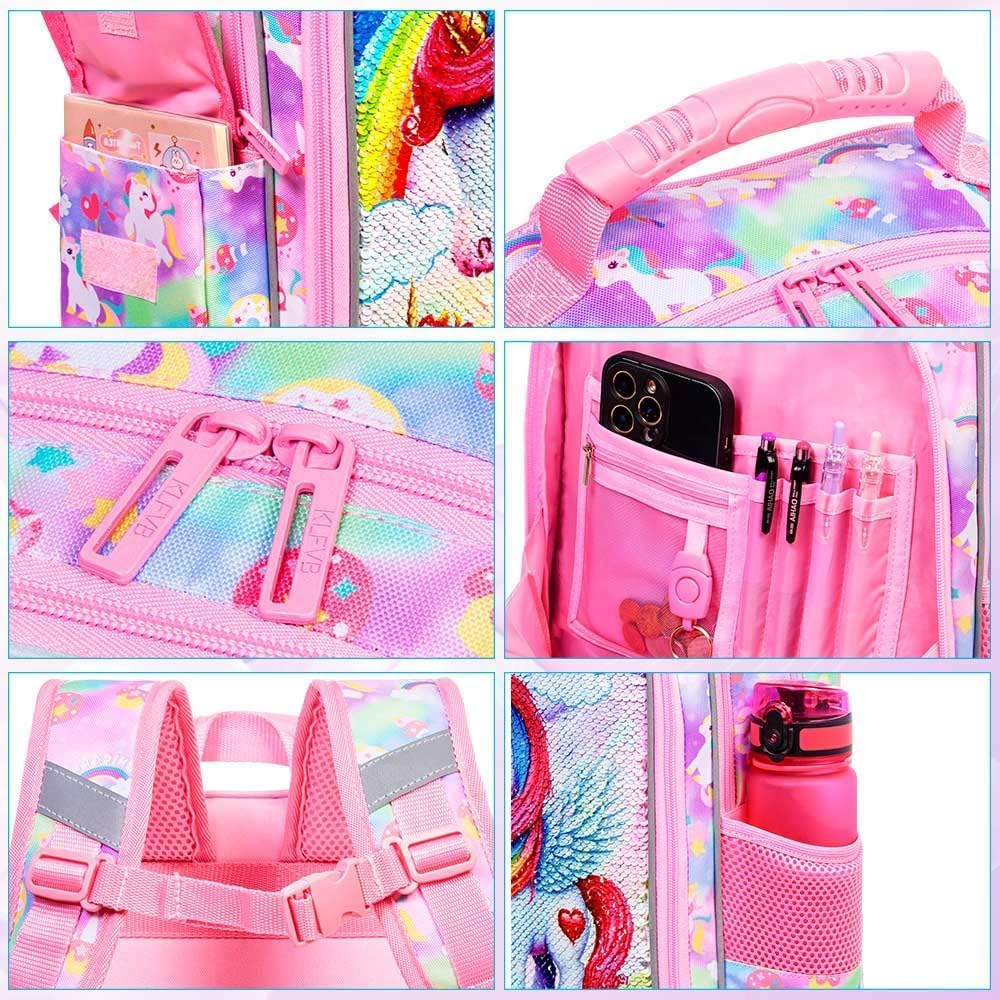 KLFVB 3PCS Cat Uni Dinosaur Backpack for Girls and Boys, 16" Kids Bookbag and Lunch Box, Preschool Backpacks for Elementary