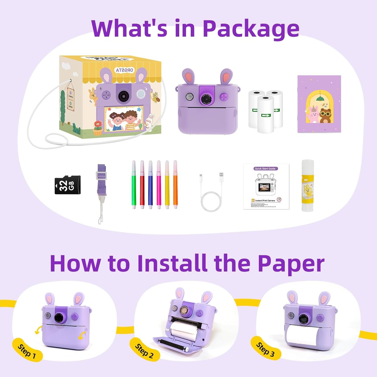 ORGSTA Kids Instant Print Camera for Boys and Girls 1080P HD Toddler Digital Camera with 3 Rolls Print Paper&32G Card, Christmas Birthday Gift Toys for Age 3-16 Kids Portable Travel Digital Camera Toy