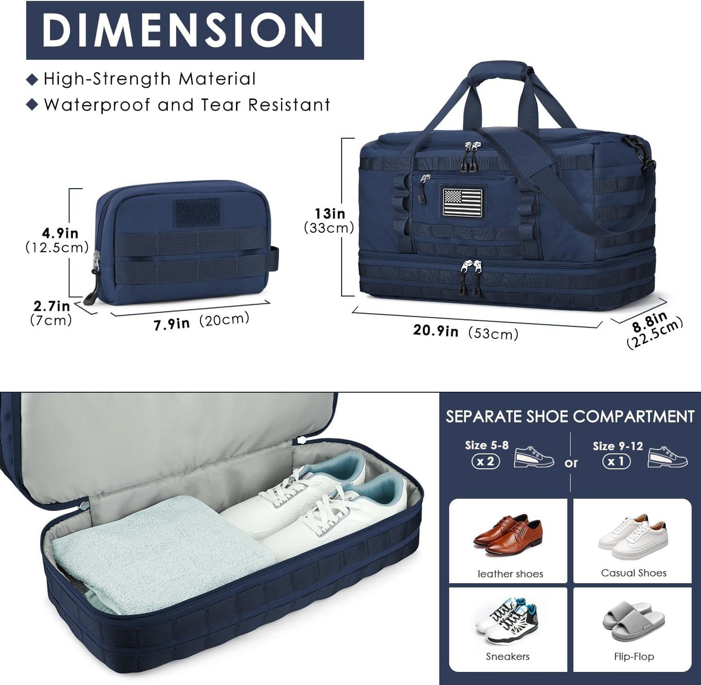 ETRONIK Travel Bag for Men Women, Gym Bag & Tactical Duffle Bags for Travel, Carry on with Toiletry Bag and Shoe Compartment, Weekender Overnight Trip with Wet Pocket for Workout Medical, Blue