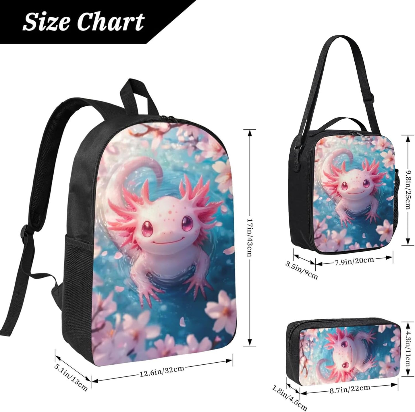 Axolotl Kid Backpack Set with Lunch Bag & Pencil Case Large Capacity School Bag 17 Inch Bookbag for Boy Girl
