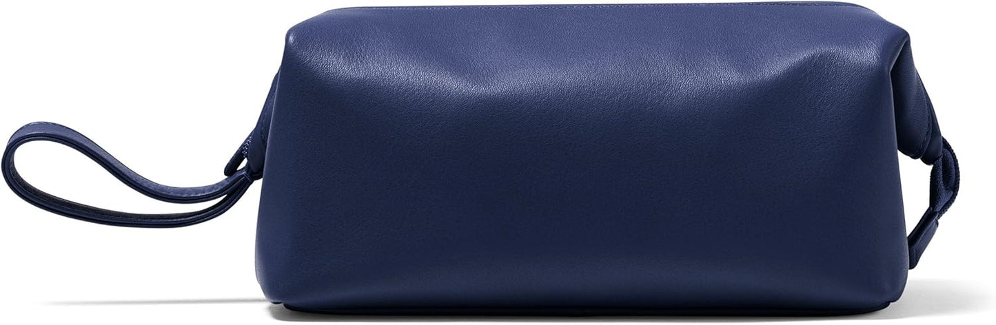 Leatherology Navy Blue Framed Toiletry Bag – Full Grain Leather Dopp Kit for Men with Wide-Mouth Opening, Interior & Exterior Zippered Pockets, Water-Resistant Lining