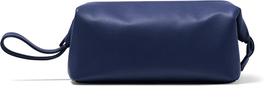 Leatherology Navy Blue Framed Toiletry Bag – Full Grain Leather Dopp Kit for Men with Wide-Mouth Opening, Interior & Exterior Zippered Pockets, Water-Resistant Lining