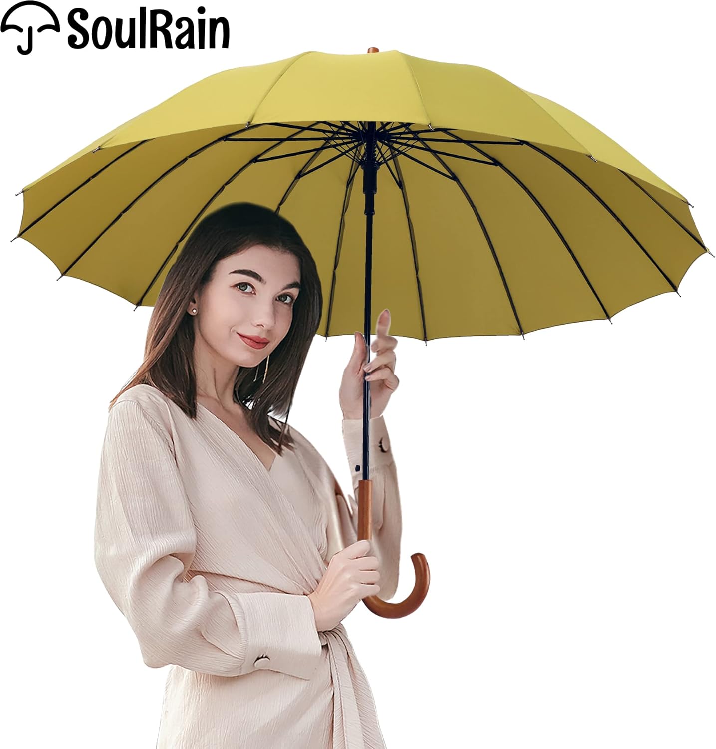 SoulRain 16 Ribs 48" Stick Umbrella Auto Open Solid Color Fashionable and Simple，Arc Classic Wood Handle，Windproof Unbreakable Stick Rain Umbrella