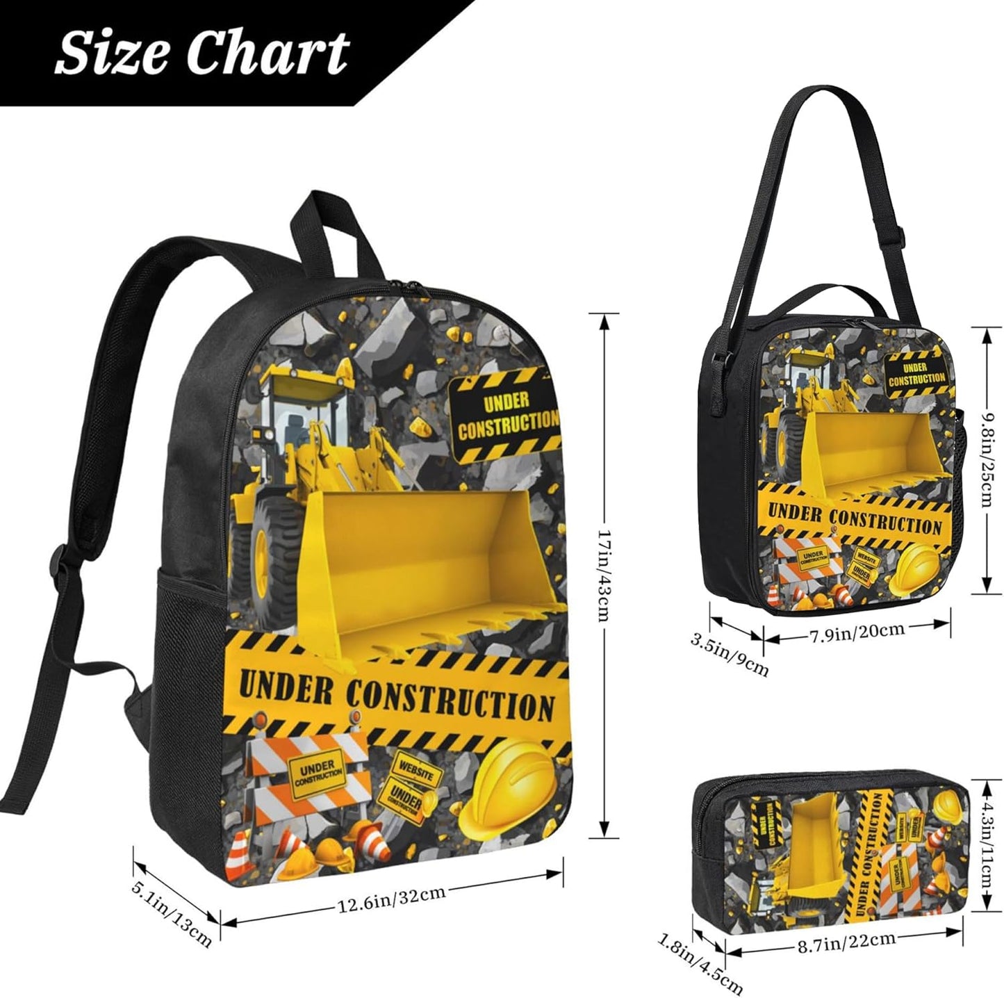 Construction Machines Cars Kid Backpack Set with Lunch Bag & Pencil Case Large Capacity School Bag 17 Inch Bookbag for Boy Girl