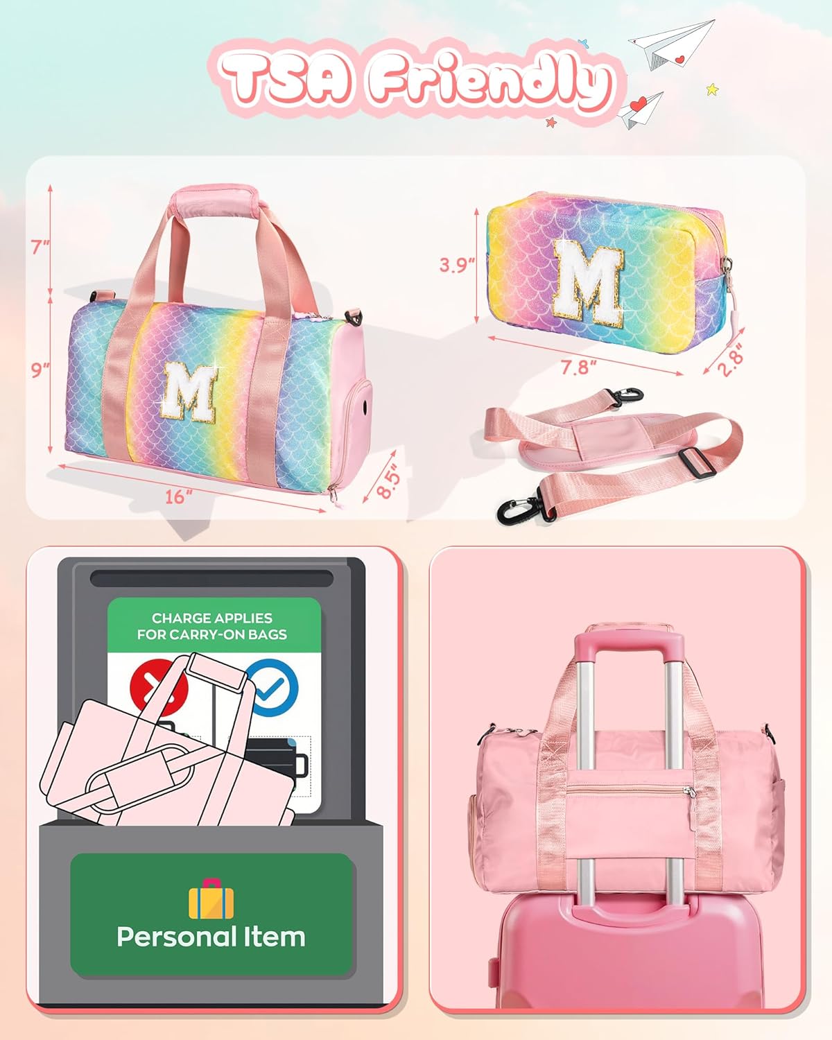 6 7 8 9 10 Year Old Girls Birthday Gift-Girl Gym Bag with Shoe Compartment, Kid Personalized Weekender Overnight Bags, Initial Travel Tote with Makeup Pouch, Easter Gifts for Teen (Letter Q)