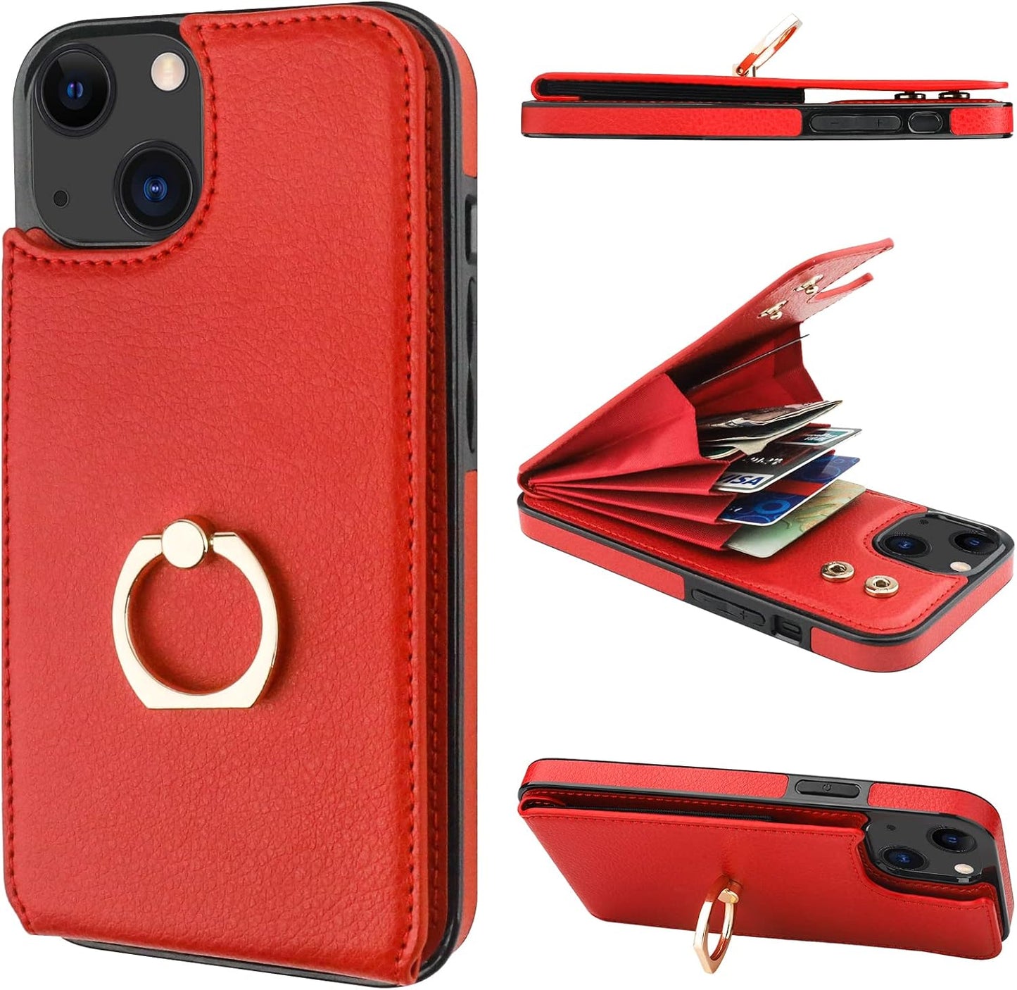 Folosu Compatible with iPhone 14 Case Wallet with Card Holder, 360°Rotation Finger Ring Holder Kickstand, RFID Blocking Leather Protective Double Buttons Shockproof Cover 6.1 Inch Red