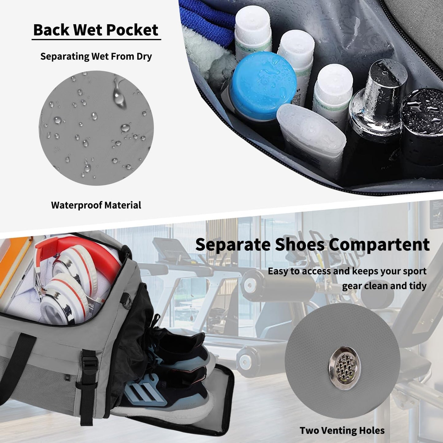 Eackrola Large Sports Gym Bag, Travel Duffel bag with Wet Pocket & Shoes Compartment for men women, 65L, Lightweight（Light Gray）