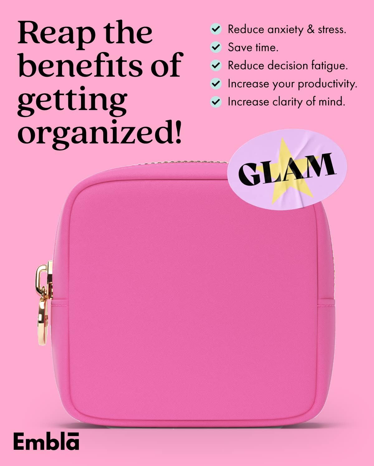 Embla Makeup Bag Travel Cosmetics Pouch and Toiletry Bag, Nylon Zipper Pouch Purse, Cute Make Up Organizer Storage Tote for Women Girls, Travel Skincare Case, Small Makeup Bags, Bubblegum