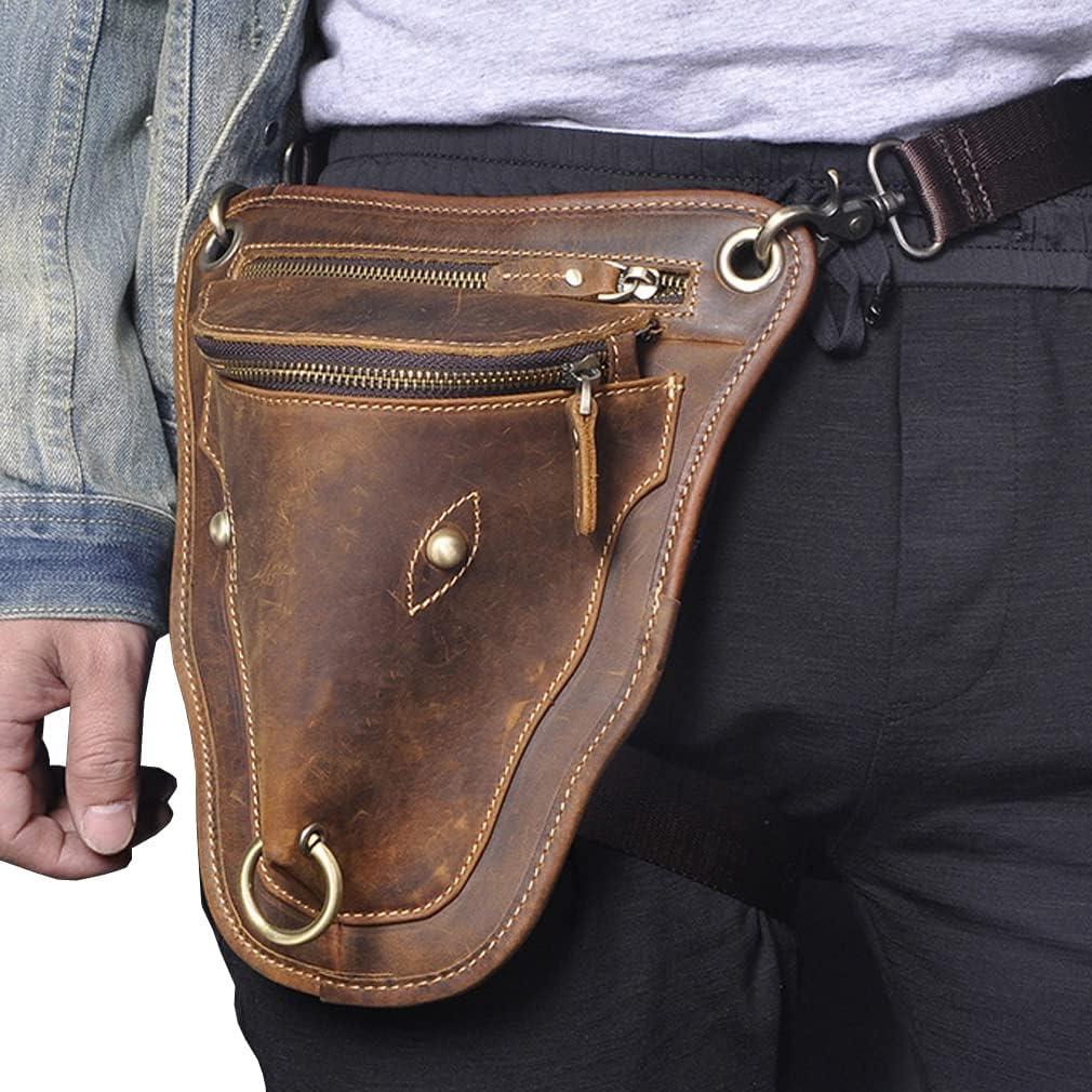 Leather Waist Pack Drop Leg Bag for Men Women Belt Bumbag Multi-Purpose Motorcycle Bike Outdoor Sports Tactical Cycling Riding Hiking Camping Pouch