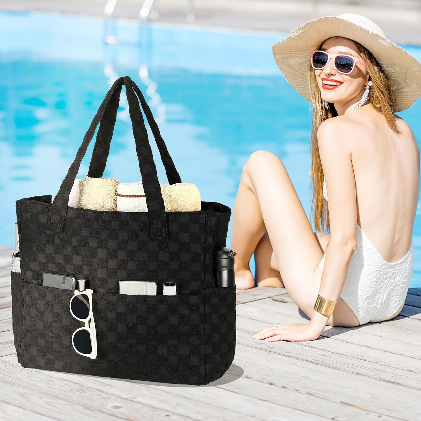 LEDAOU Large Beach Tote Bag Women Waterproof Sandproof Zipper Beach Tote Bag for Pool Gym Grocery Travel with Wet Pocket