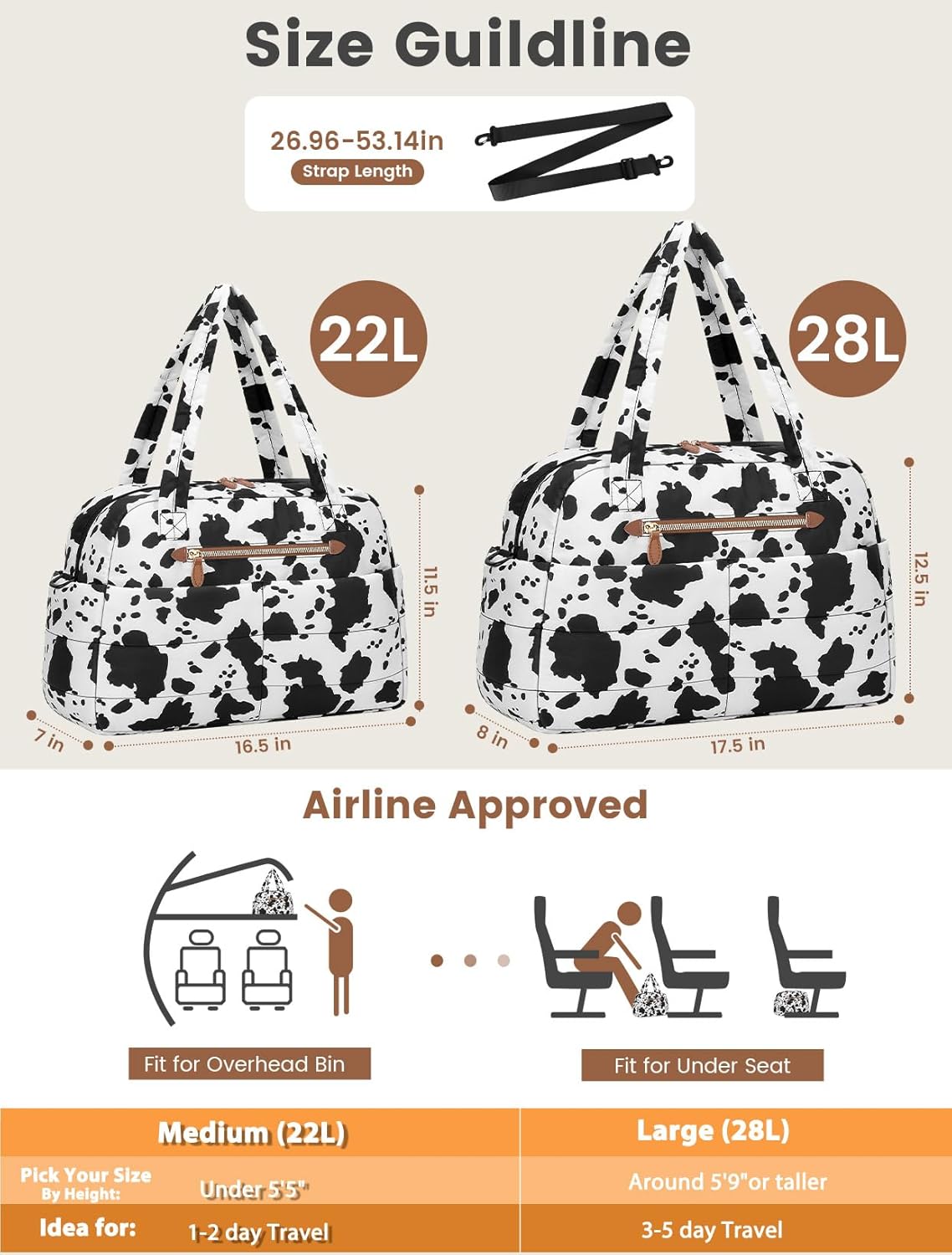 Travel Duffle Bag,Puffer Carry On Duffel Bag with Laptop Compartment Waterproof Overnight Weekender Bags for Women Large Hospital Tote Bags for Labor and Delivery(Medium,Cow Print)