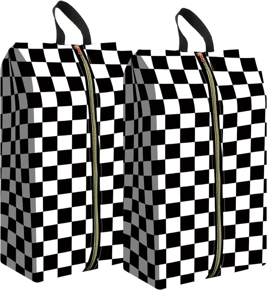 2pcs Shoe Organizer for Travel, Packing Shoe Travel Bags, Cute Shoe Bag with Zipper & Handle, Portable Travel Essentials for Women and Men Black White Checker