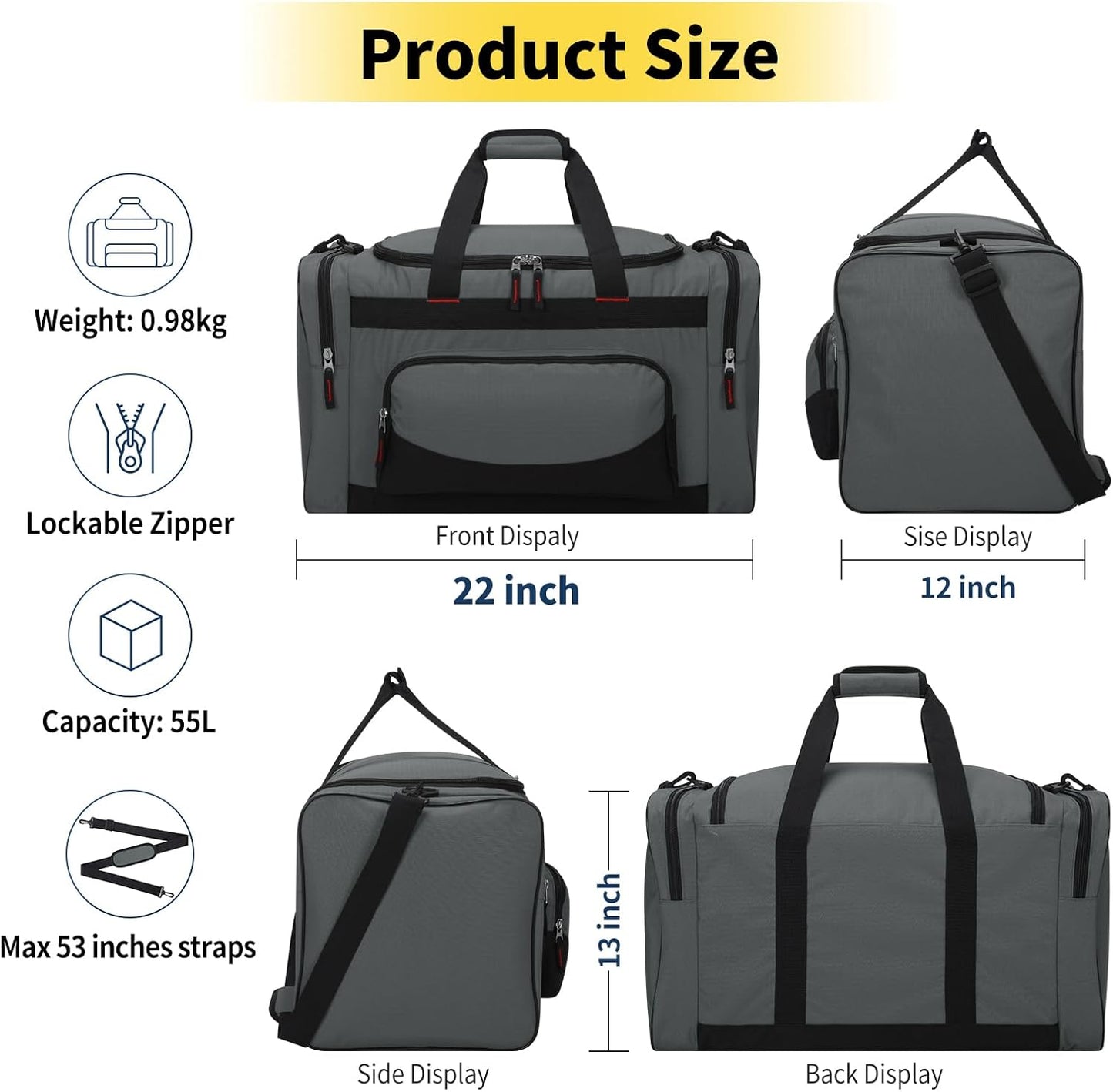 22 inch Gym Bag for Men - 55L Large Travel Duffle Bag Sports Equipment Bag with Multiple Zippered Pockets,Outdoor Workout Duffle Bag for Overnight Weekend - Dark Grey