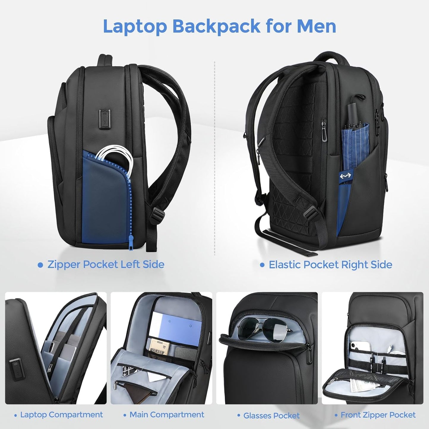17.3 Inch Laptop Backpack for Travel Work Office College, 30L Water Resistant Casual Daypack, Lightweight Computer Backpack for Men Women, Business Laptop Bag with USB Charging Port - Black