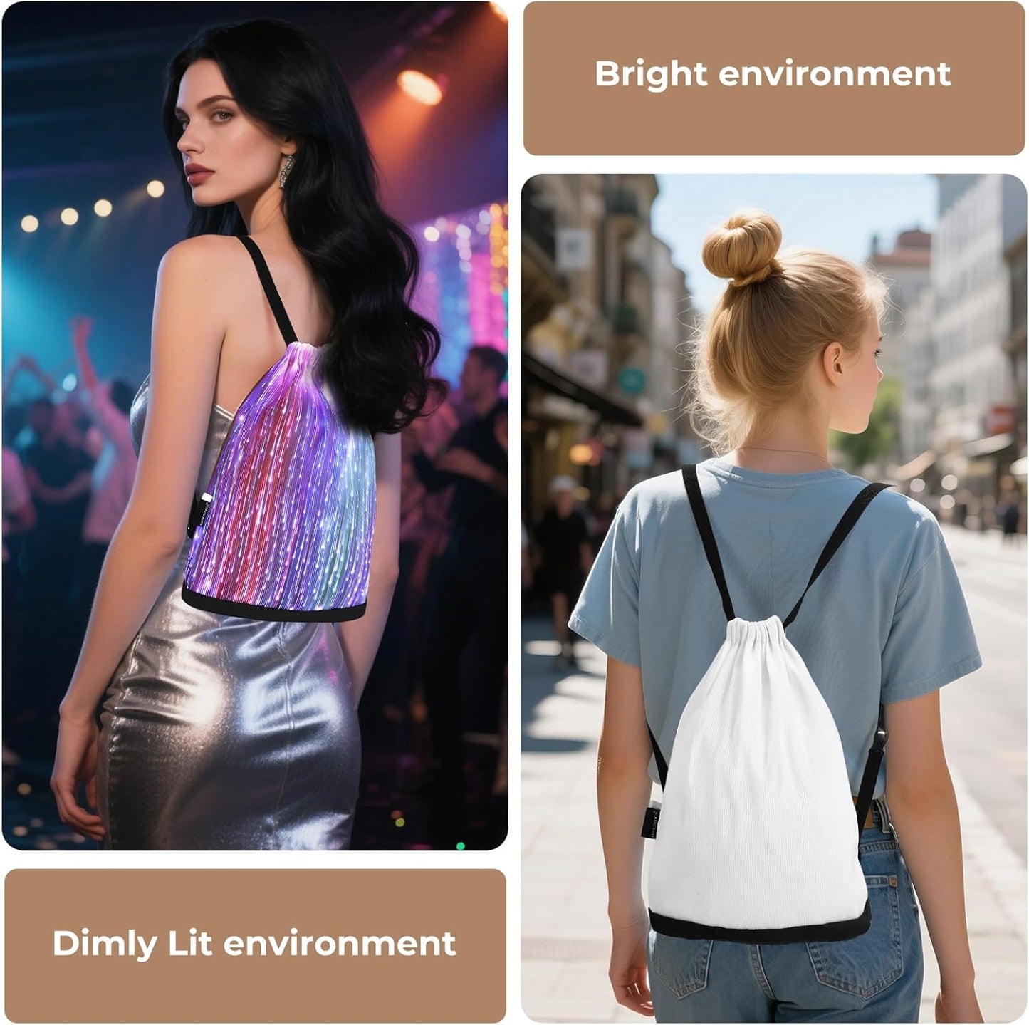 LED Backpack Drawstring Bag Gym Bags Light up Purse 7 Colors Rave Gear Rucksack for Bike Hiking festival carnival (White)