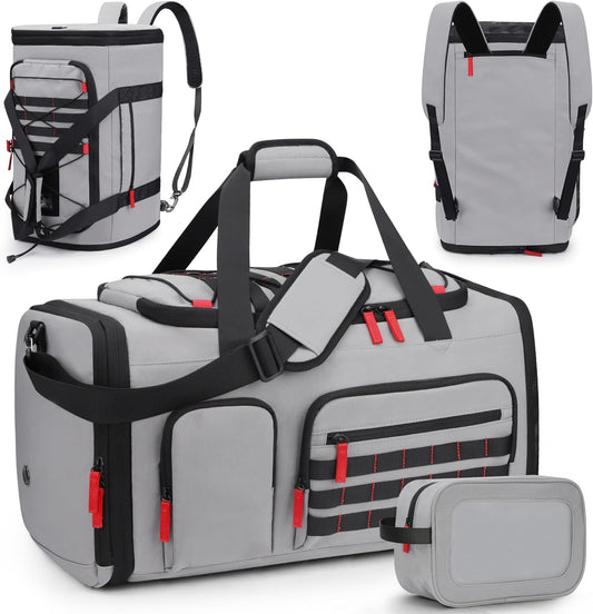 Gym Bags for Men Women, 45L Sports Travel Duffle Bag with Shoe Compartment, 3 in 1 Weekener Overnight Backpack with Wet Pocket, Grey