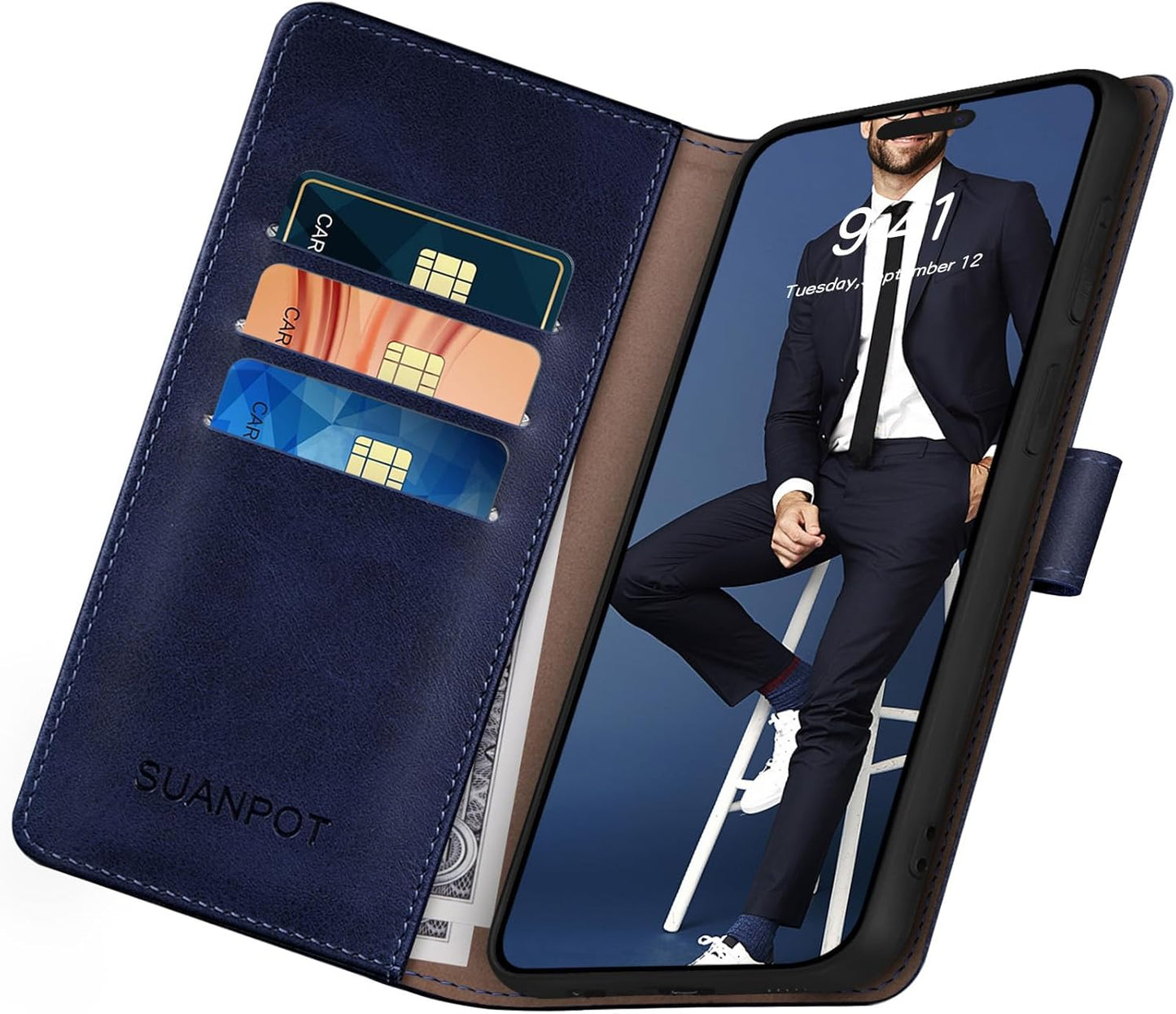 SUANPOT Compatible with iPhone 17 Pro Max 6.9" Wallet case with RFID Blocking Credit Card Holder,Flip Book PU Leather Protective Cover Women Men for Apple 17 Pro Max Phone case Blue