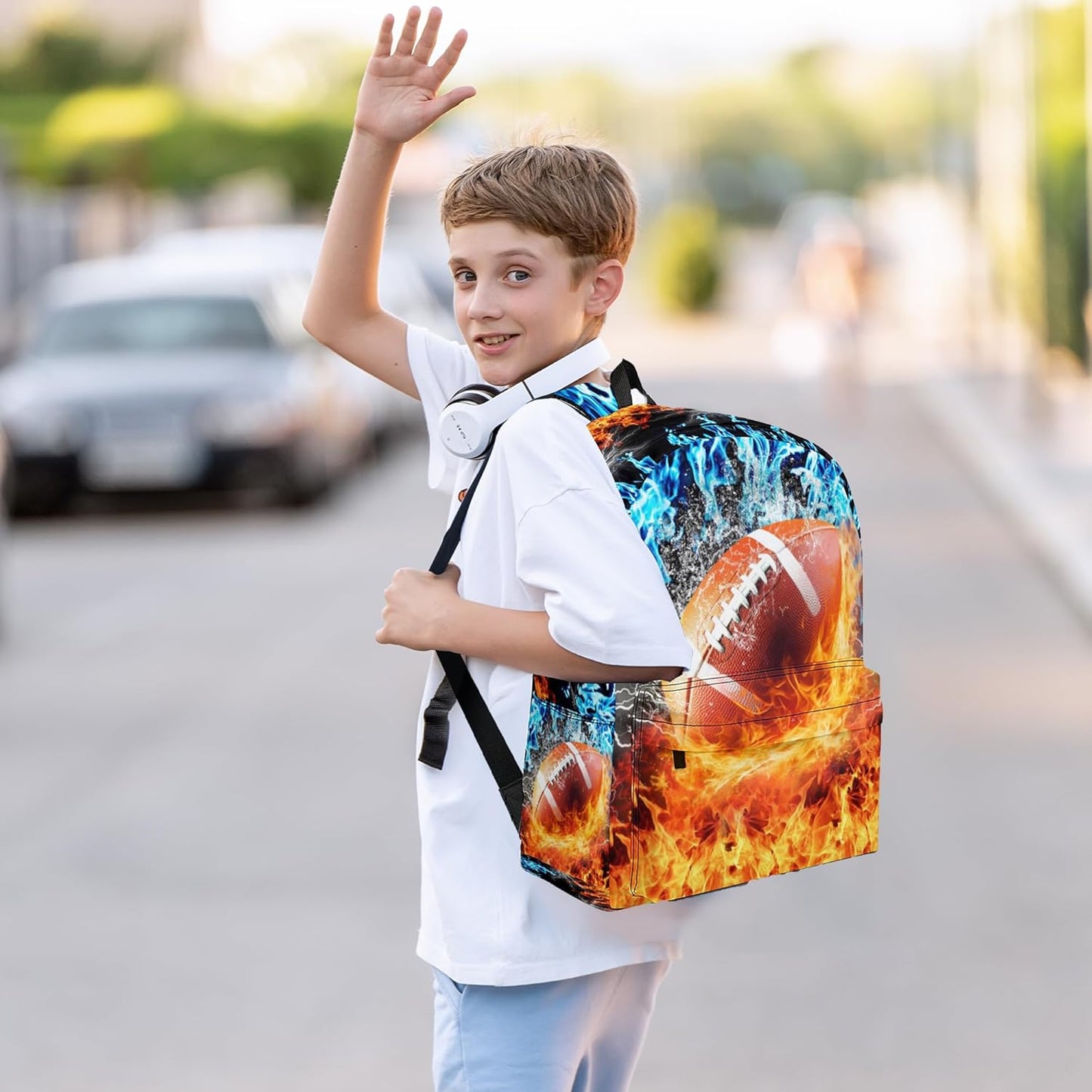 3PCS Football Backpack Set for Boys, Large Lightweight 17 Inch Backpack with Lunch Bag & Pencil Case for Kids, Back to School Cool Sports Bookbag for Elementary Middle School - Fire