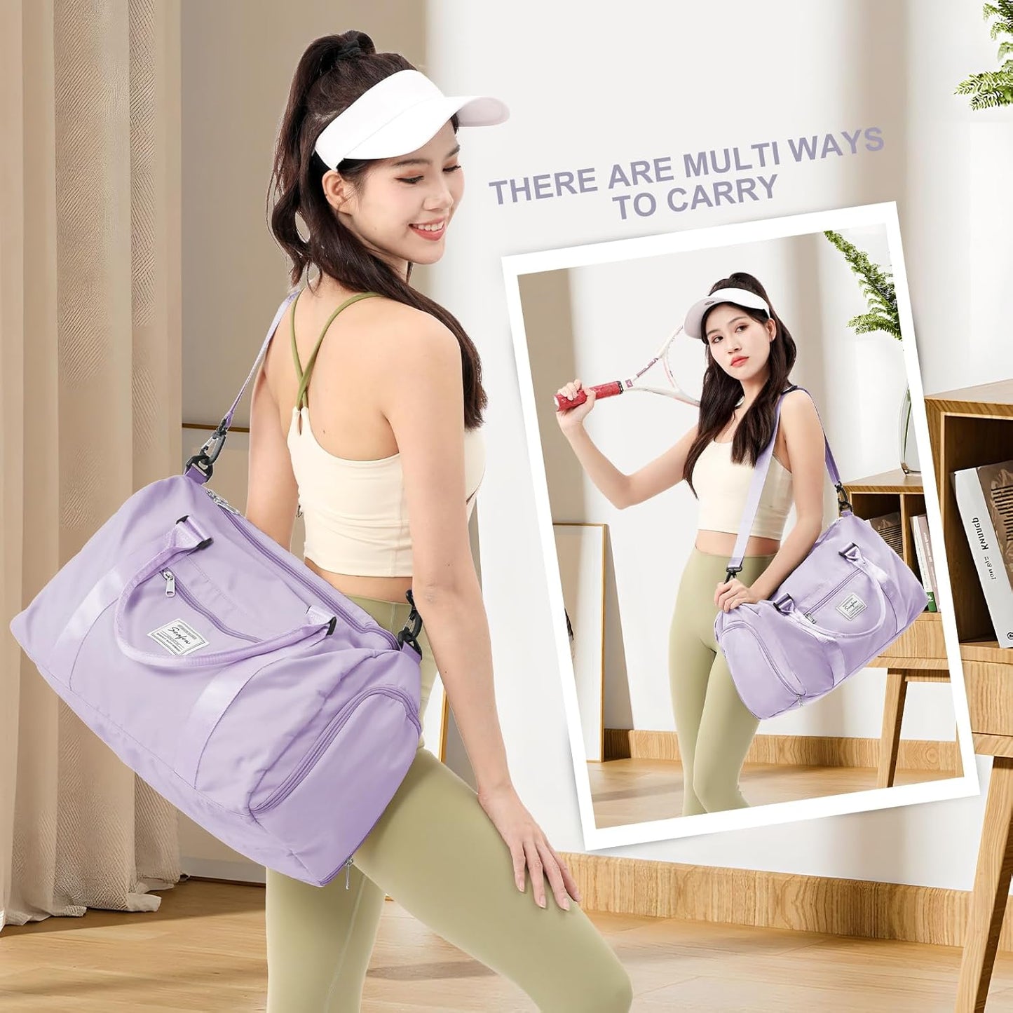 Gym Bag for Women Men with Shoes Compartment,Sports Duffle Bag Personal item travel Duffel Bags Tote Bag Small Carry on Weekender Overnight Bag Workout Dance Bag Hospital Holdalls Light Purple