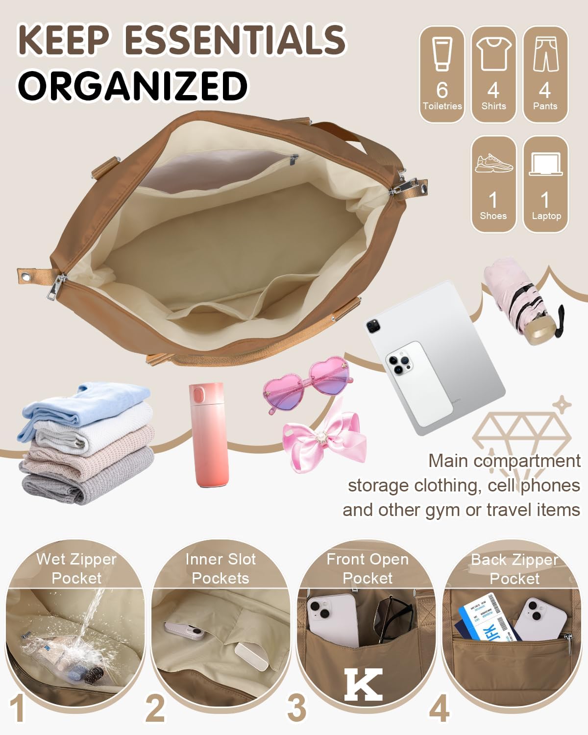 Birthday Graduation Gifts for Daughter,Initial Travel Duffel Bag Sports Gym Bag for Girls Teen Kids Birthday Gifts,Personalized Weekender Bag Carry On Tote Bags Cute Overnight Bag for Women(Brown, K)