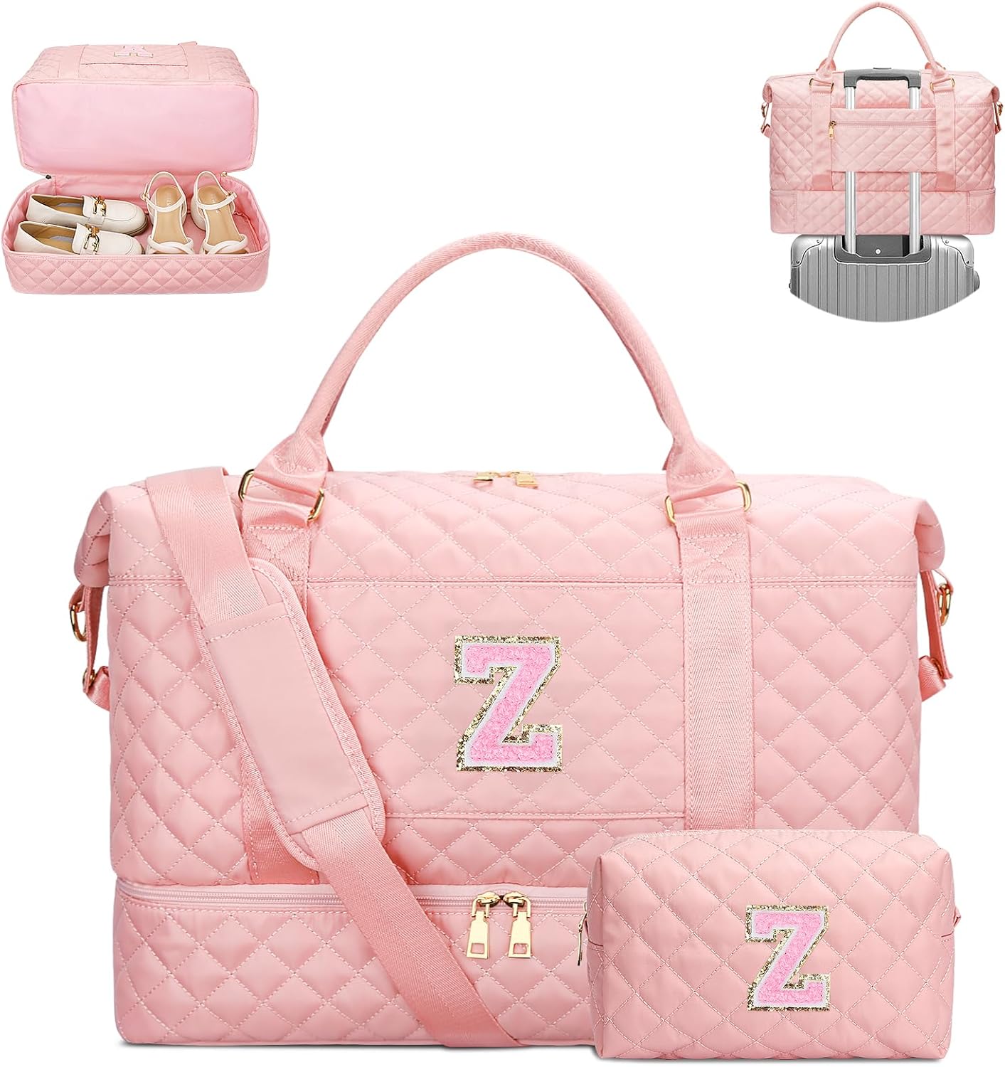 Gifts for Women Girls Birthday Christmas Initial Travel Duffle Bag Quilted Weekender Bags Carry-On Overnight with Cosmetic Bag, Gym Bag with Shoe Compartment, Pink-Z
