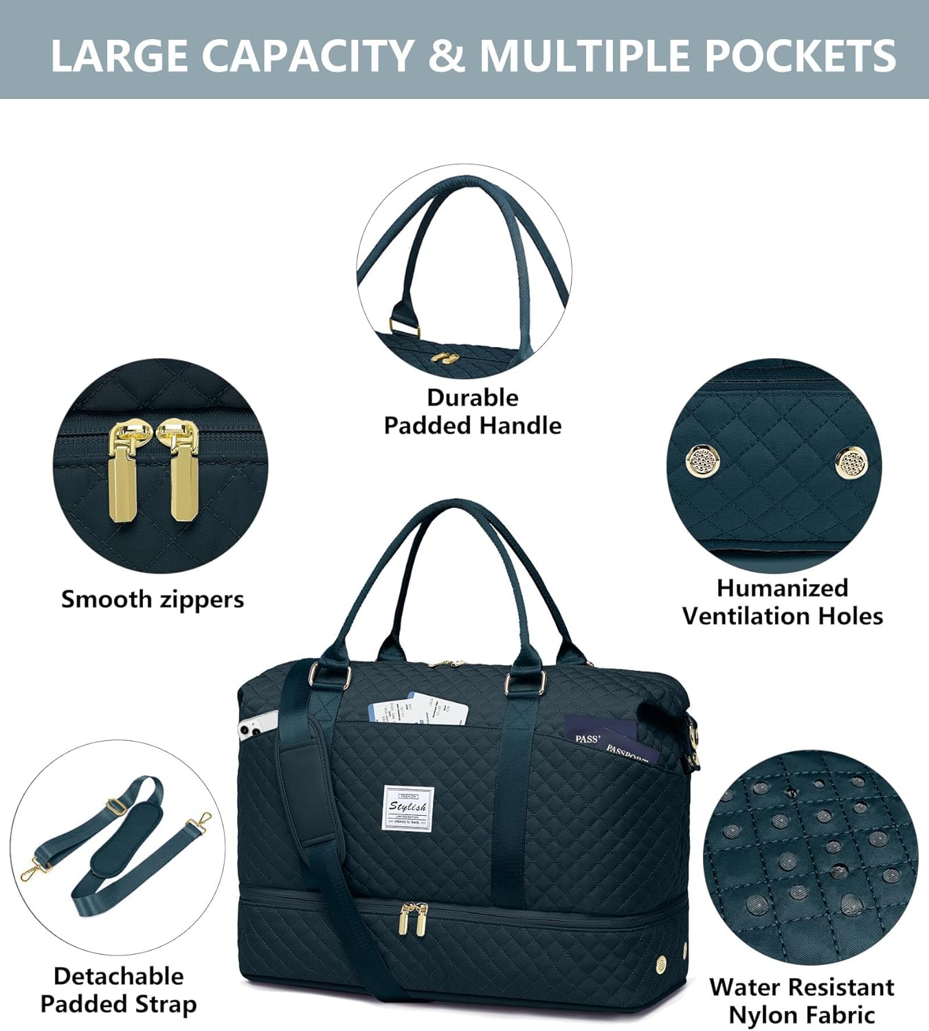 Travel Weekender Bags For Women - Carry On Duffel Bags with Shoe Compartment Overnight teal Weekender Tote Bags with Wet Pocket Gym Duffle Bag for Travel Sports Weekend Hospital Peacock Blue