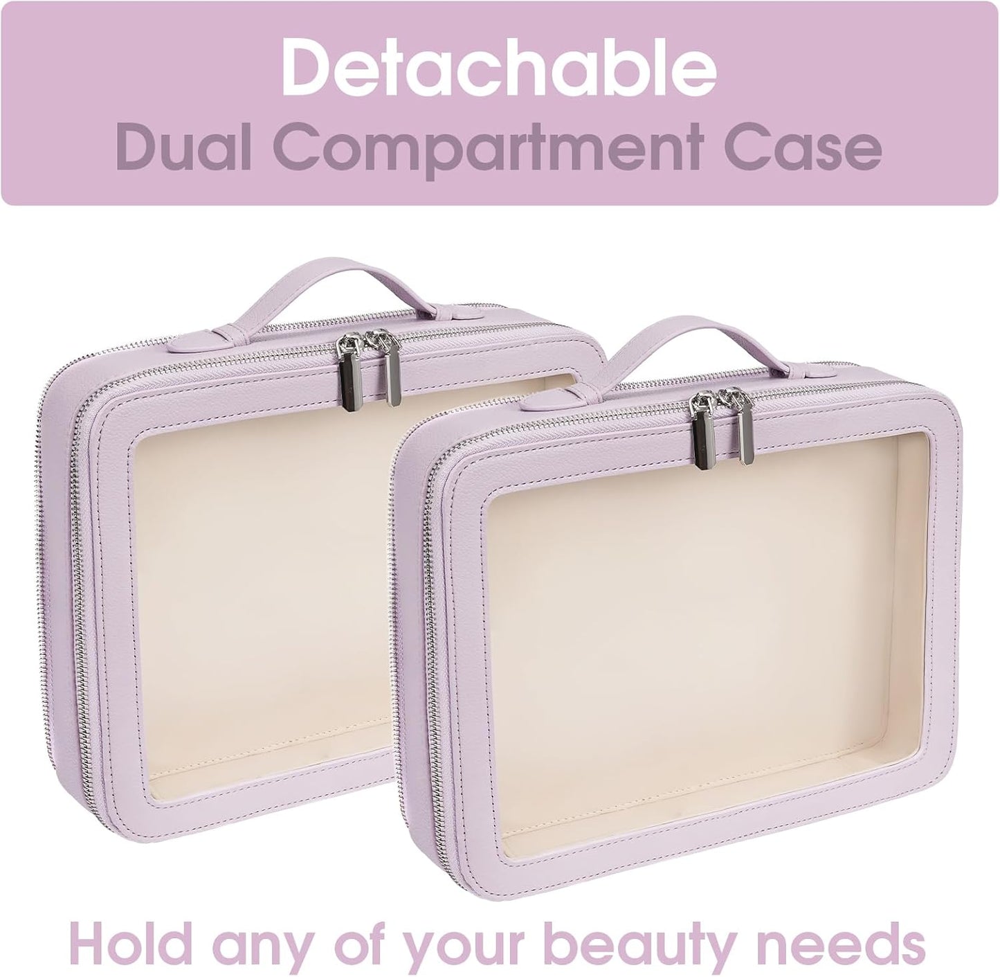 Clear Makeup Bag,Large Toiletry Case for Women,PU Leather Travel Cosmetic Bag,Detachable Makeup Case,Double Compartment Make up Organizer