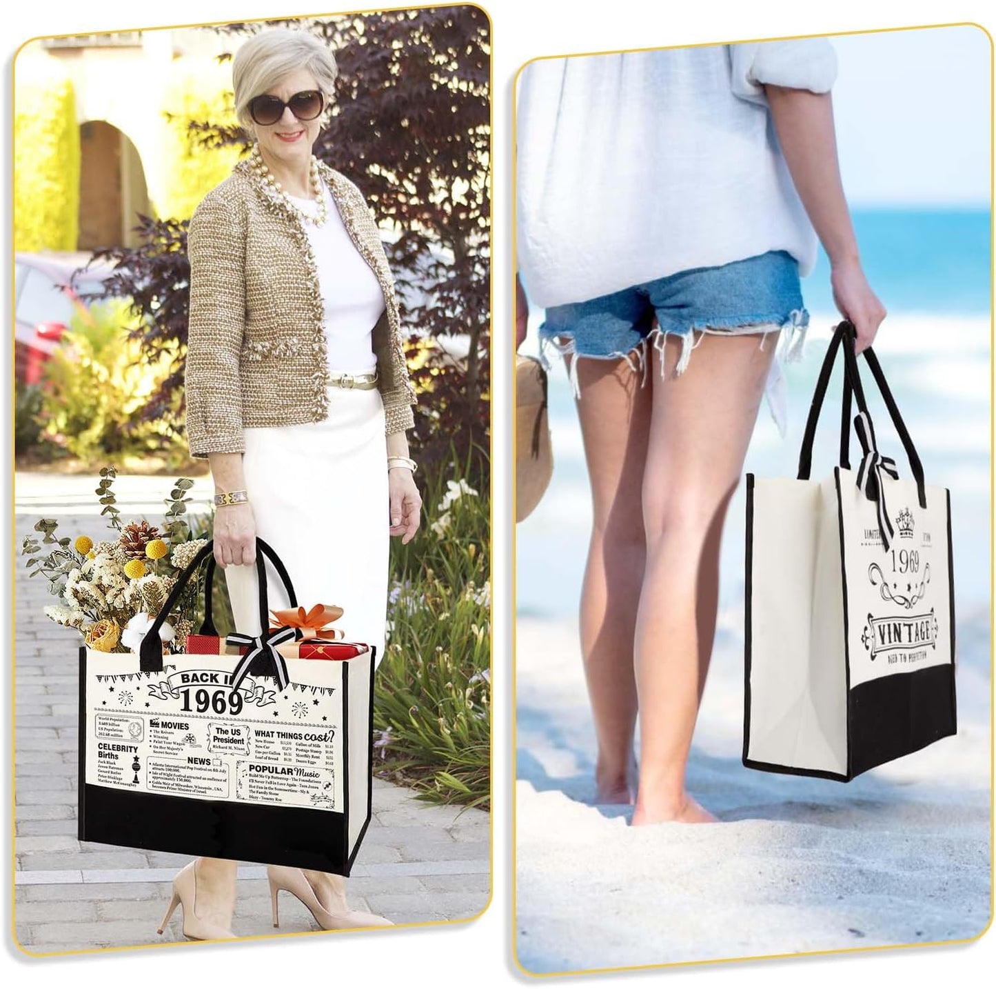 YeohJoy 56th Birthday Gifts for Women Canvas Tote Bag Travel Gear, Unique 56 Years Old Birthday Gifts for Girlfriend Sister Friends Her, Vintage 1969 Handbag & Cosmetic Bag & Back in 1969 Poster