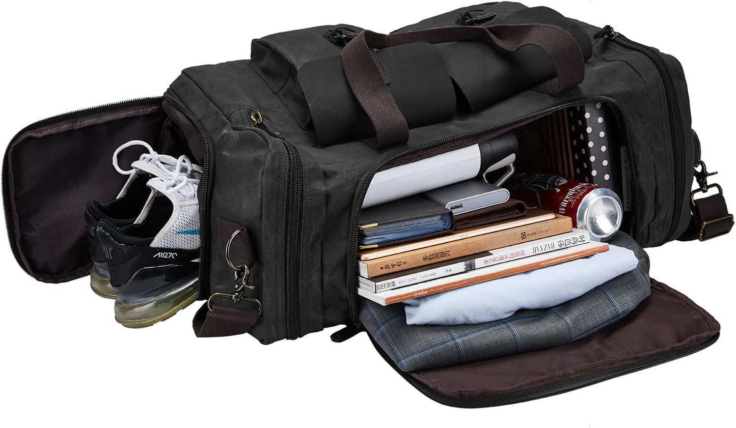 Waxed Canvas Vintage Overnight Duffel Weekend Travel Bag Waterproof For Men Women with Shoes Compartment (Black)